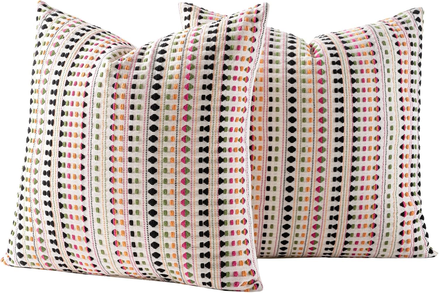 Zealax Boho Throw Pillow Decorative Striped Pillow Covers for Couch Bed Living Room, Neutral Cushion Cover Cotton Textured Farmhouse Pillow Cases Set of 2, 24x24 Inch, Colorful