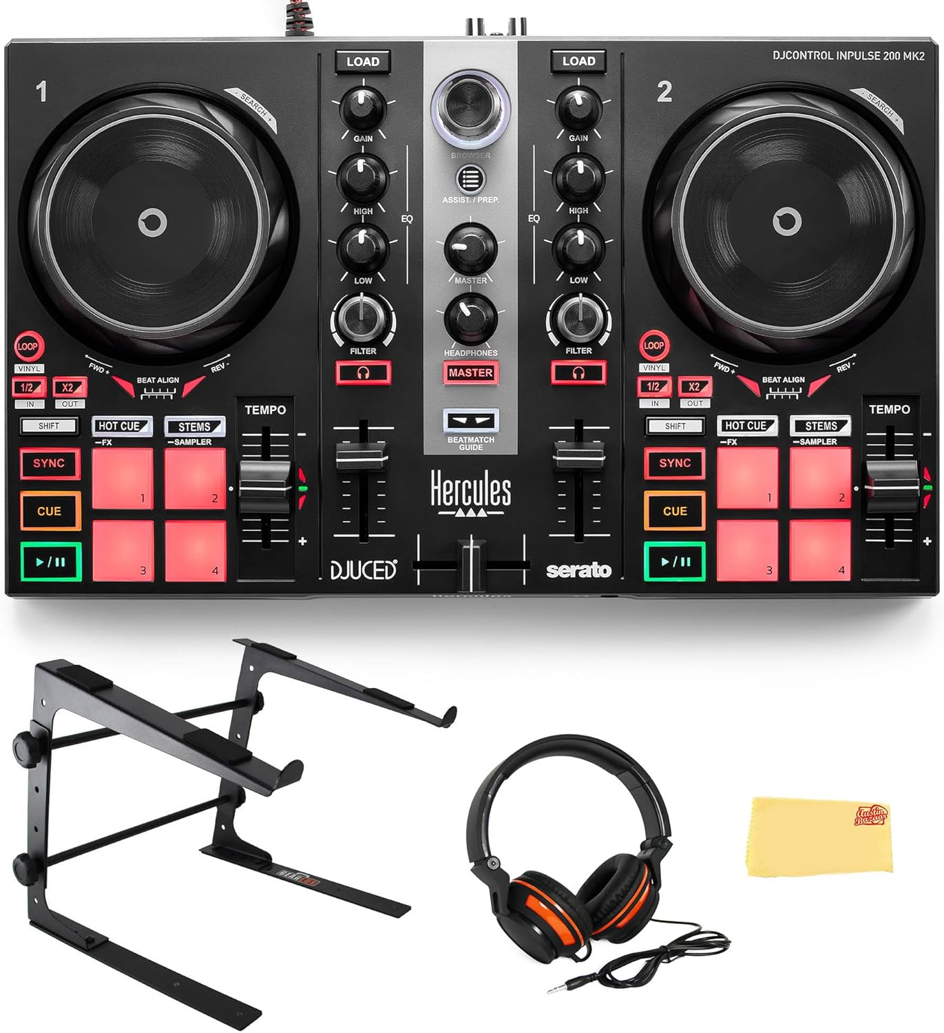 Hercules DJ Control Inpulse 200 MK2 Bundle with DJ Laptop Stand, Headphones, and Austin Bazaar Polishing Cloth