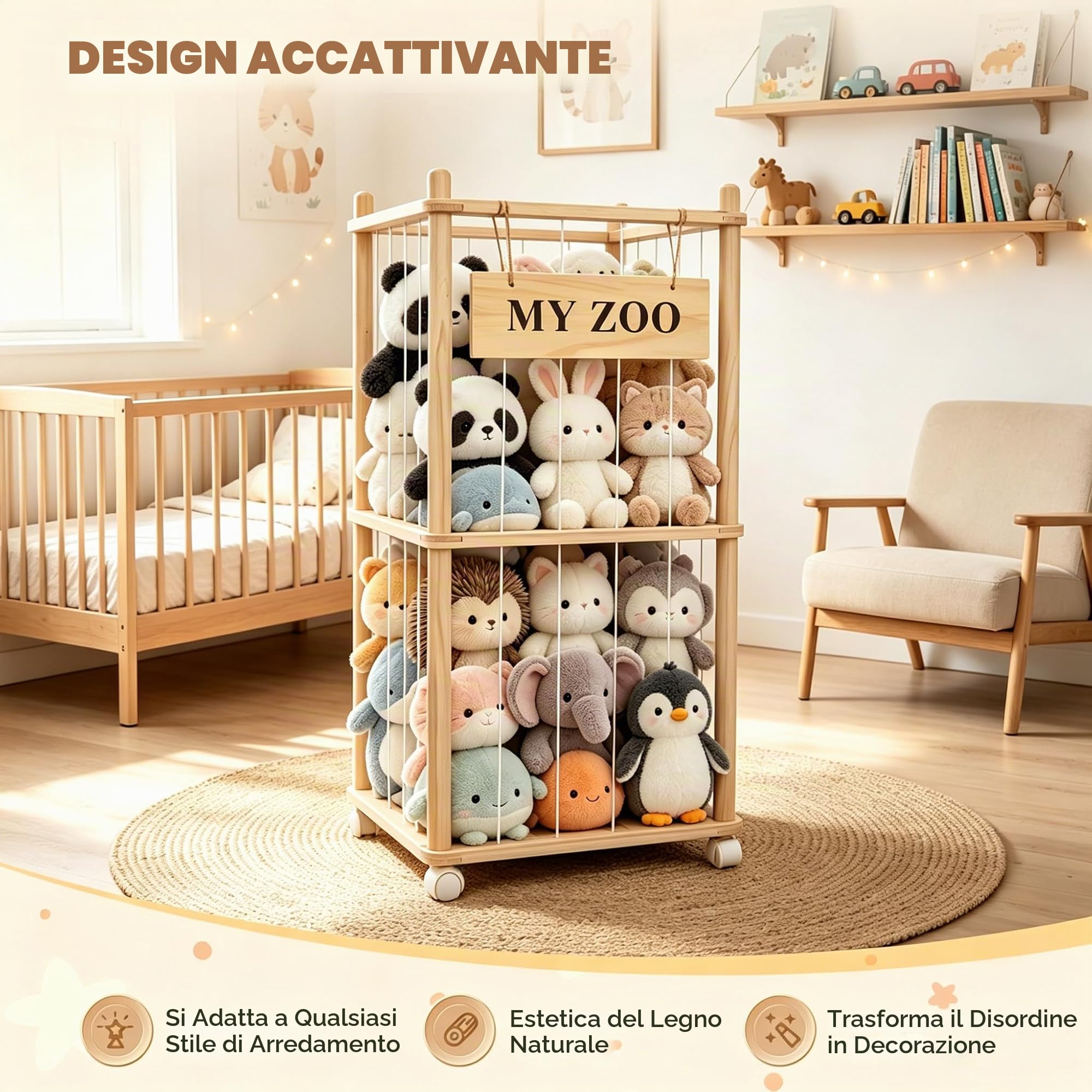 Contenitore per Peluche in Legno, Salvaspazio, con Ruote Dotate di Freno a 360°, per Sala Giochi e Camera da Letto, Decorazione per La Casa