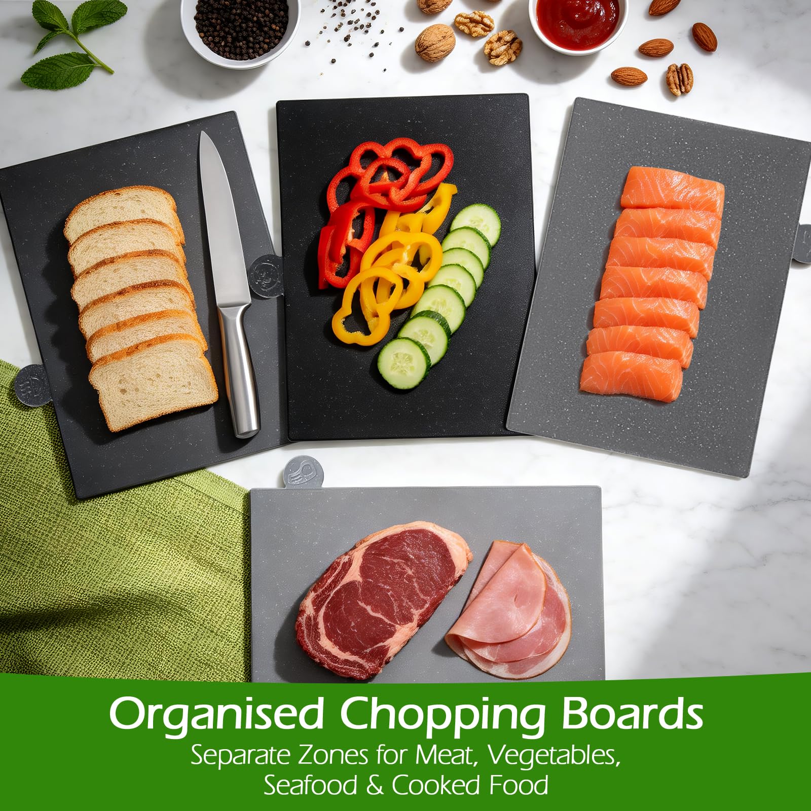 OZD Schneidebrett-Set, 4 Stück, Kunststoff-Schneidebretter mit Ständer und Lebensmittel-Symbolen, rutschfestes Schneidebrett für Küche, BPA-freie Schneidebretter für Gemüse, Obst, Fleisch, nicht porös