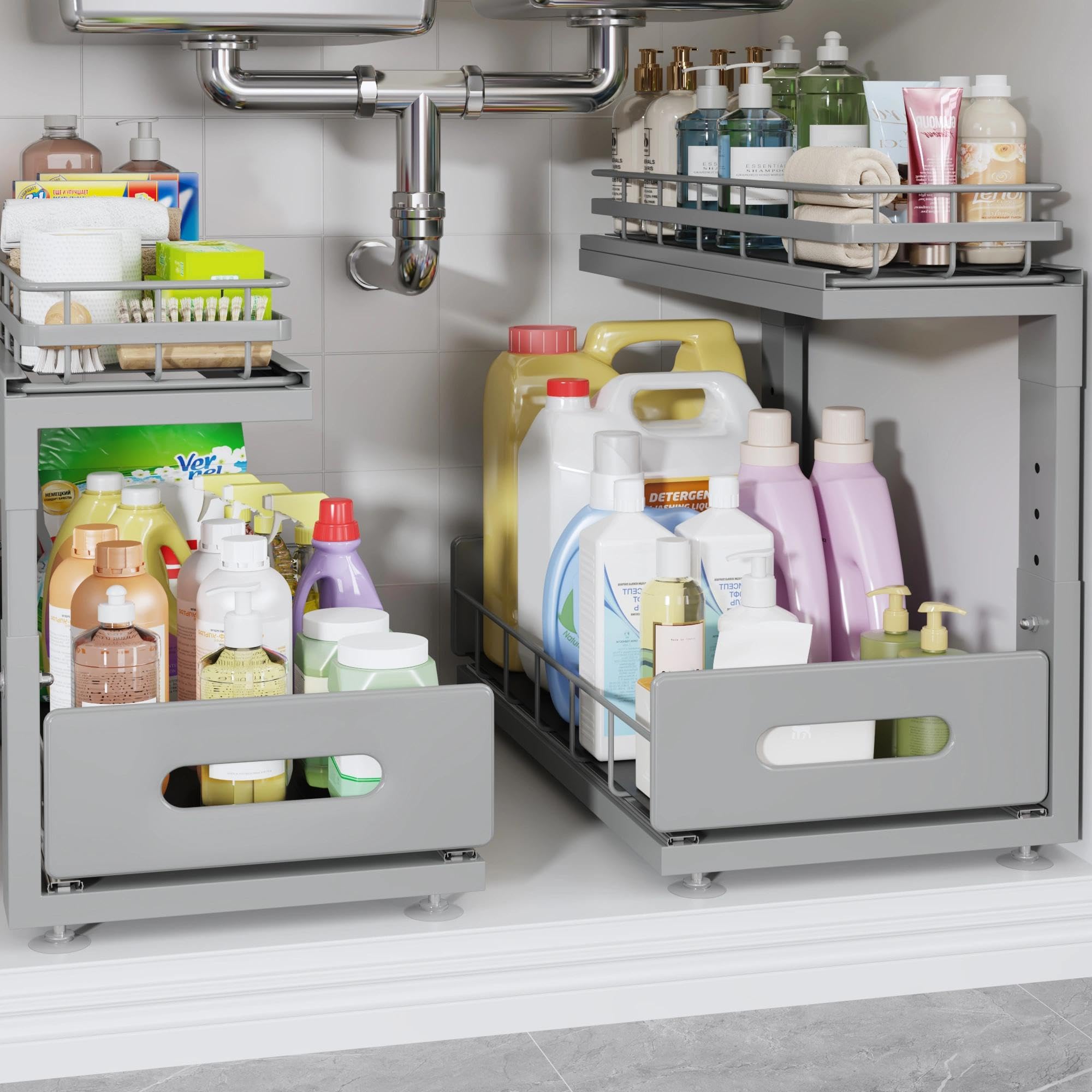 under sink organizer upgrade to professional rails,2-tier dual pull out cabinet storage,height adjustable slide out drawers for bathroom kitchen,2 pack-16.7"dx12.8"-16.9"h,gun gray