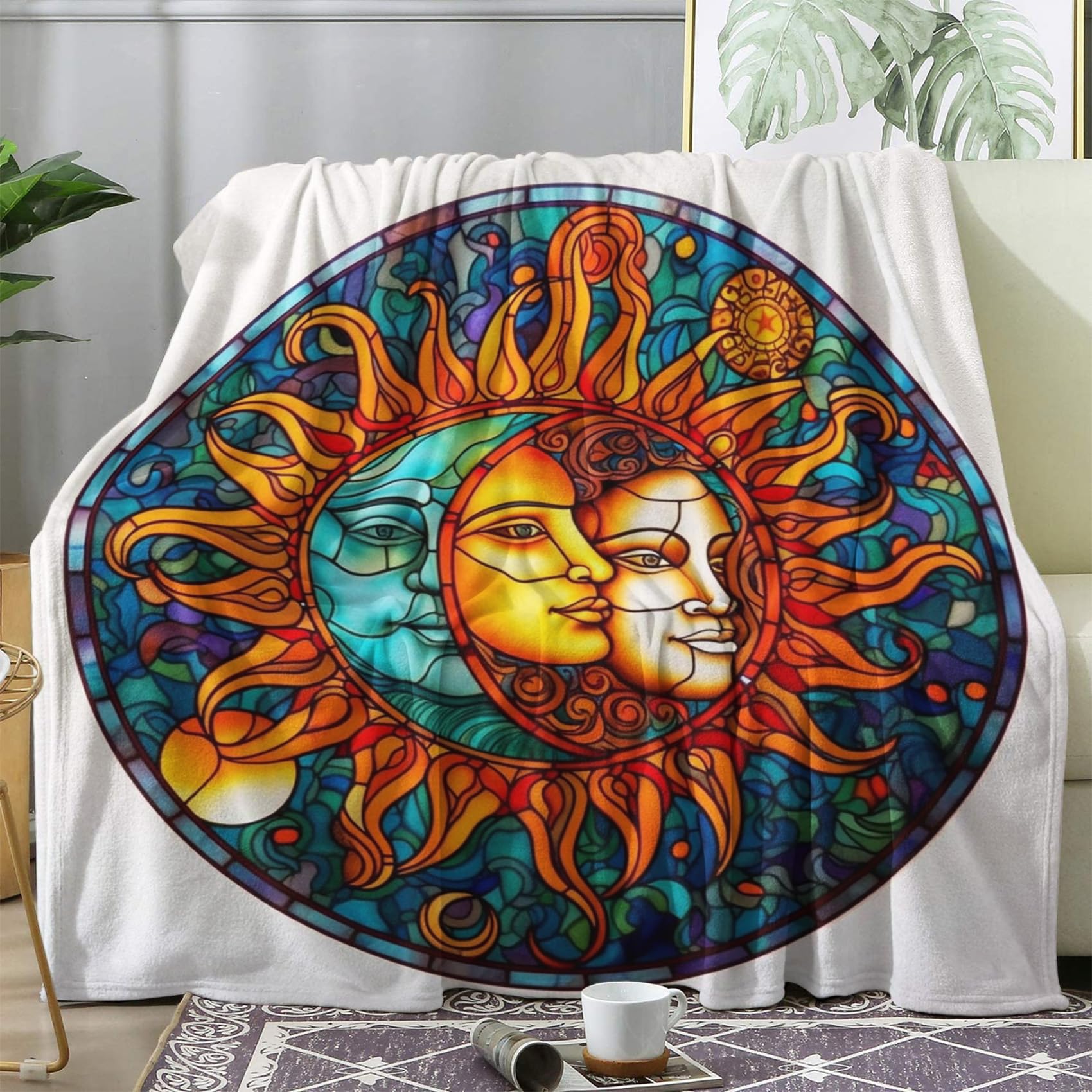Couverture Flanelle Motif Soleil Lune - 130x150 Cm - Douce Et Chaude - Pour Canapé, Lit, Voyage
