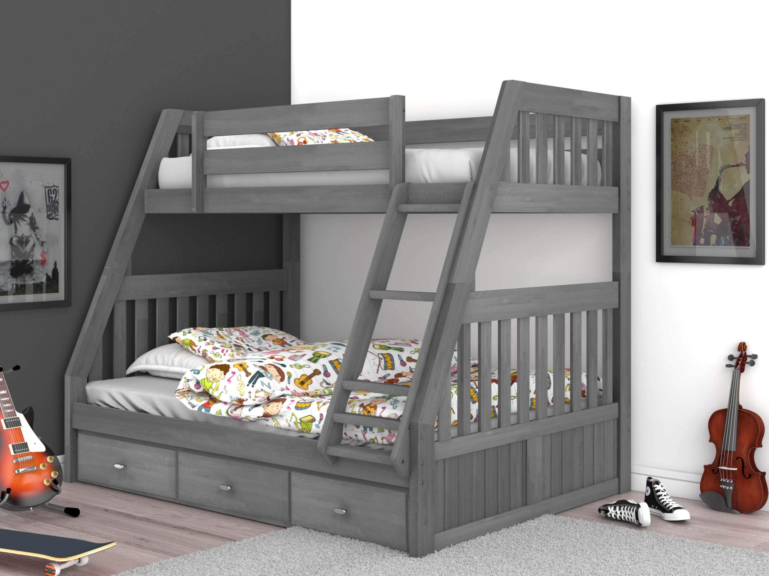 Discovery World Furniture Twin Over Full Bunk Bed with 3 Drawer Underbed Storage Charcoal