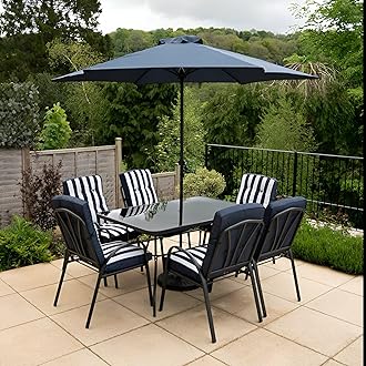Hectare 6 Seater Garden Furniture Dining Set with Table and Parasol in Navy and White Stripe