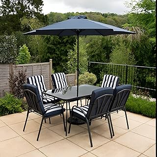 6 Seater Metal Garden Furniture Outdoor Dining Set with Table and Parasol in Navy and White Stripe
