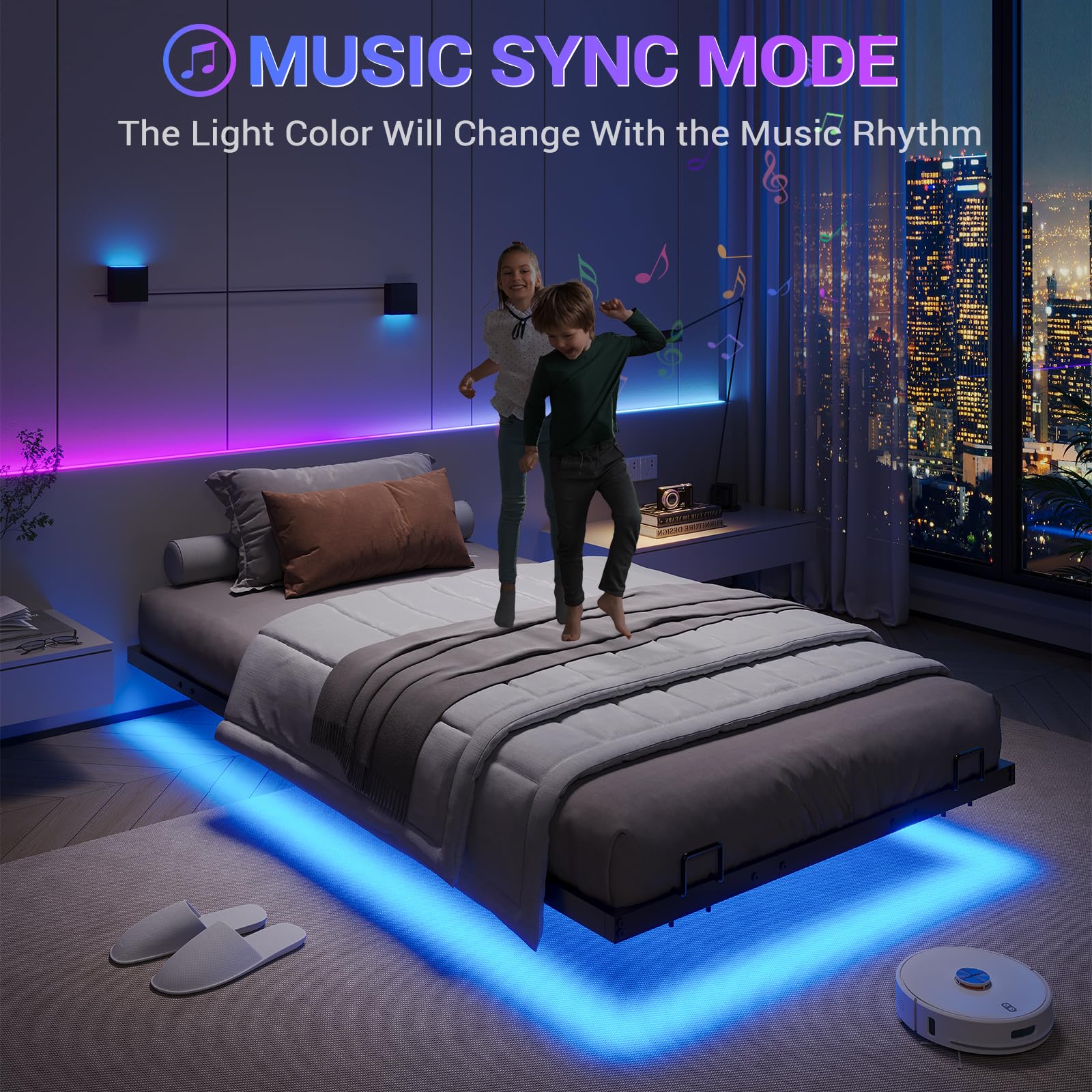 Letto 160x200 Cm Con LED E Rete Metallica - Effetto Galleggiante, Vano Portaoggetti, Beige