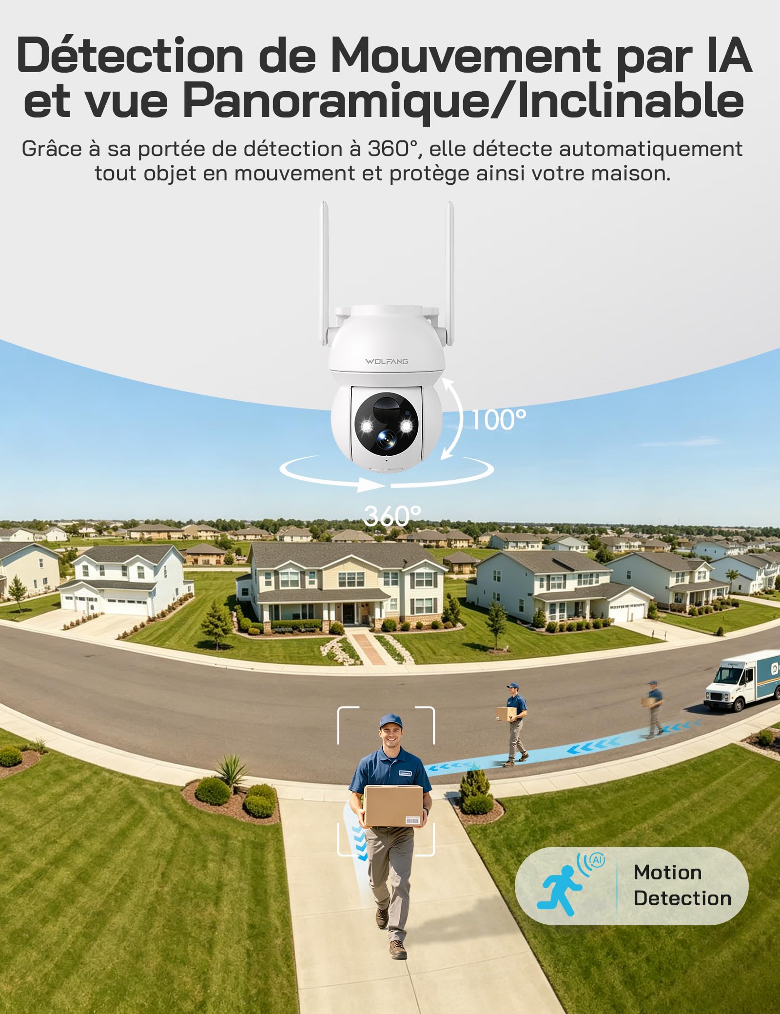 WOLFANG Caméra de sécurité Solaire d'extérieur 1080p PTZ WiFi 360° (2,4 G Uniquement), détection de Mouvement PIR, Vision Nocturne Couleur, Audio bidirectionnel, IP65, Fonctionne avec Alexa et Google