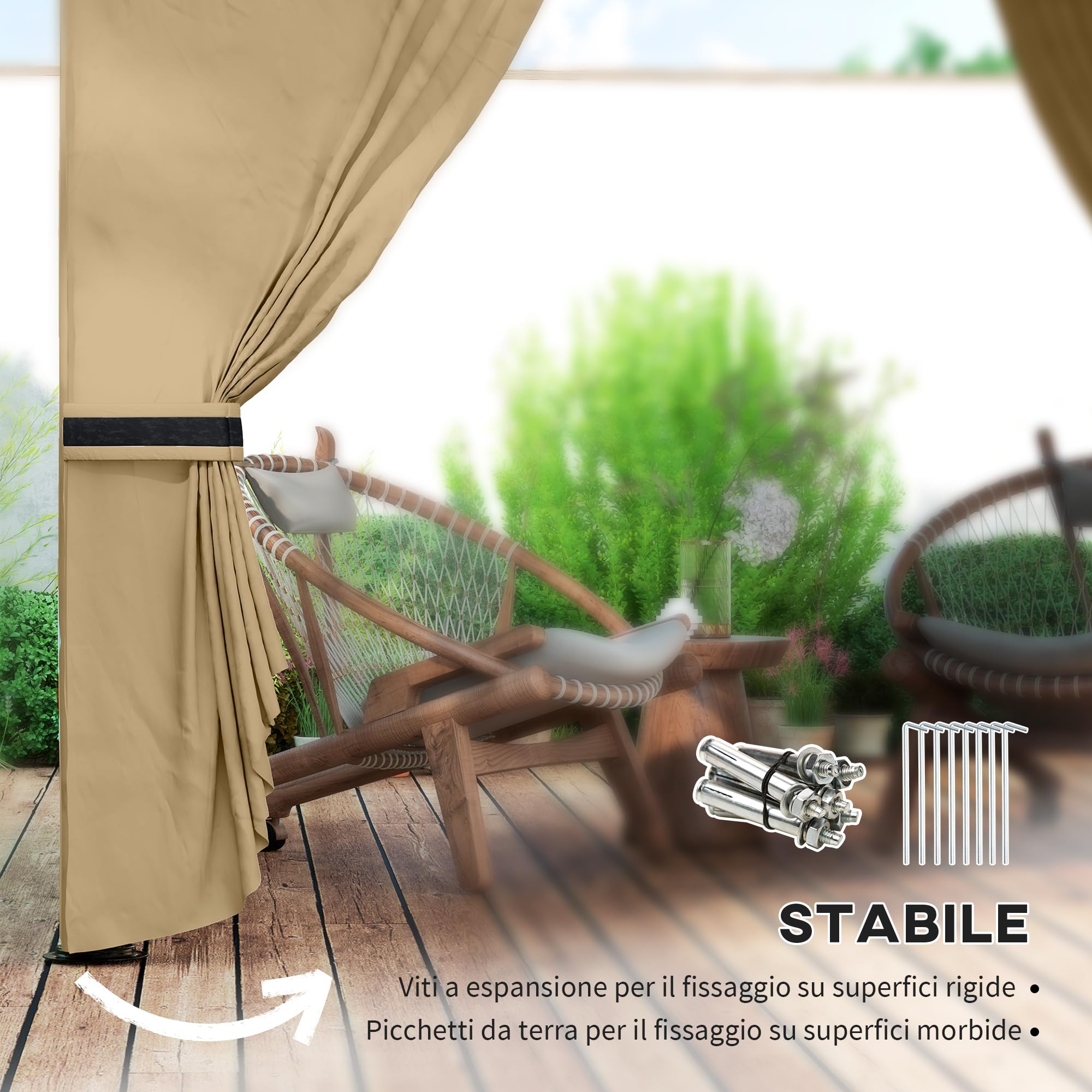 Outsunny Gazebo da Giardino 3.4x3.4 m con Pareti Laterali e Finestre, Gazebo da Esterno Resistente Protezione UV Tenda Tendone Padiglione per Feste con Tetto a 2 Livelli, Struttura in Metallo, Beige