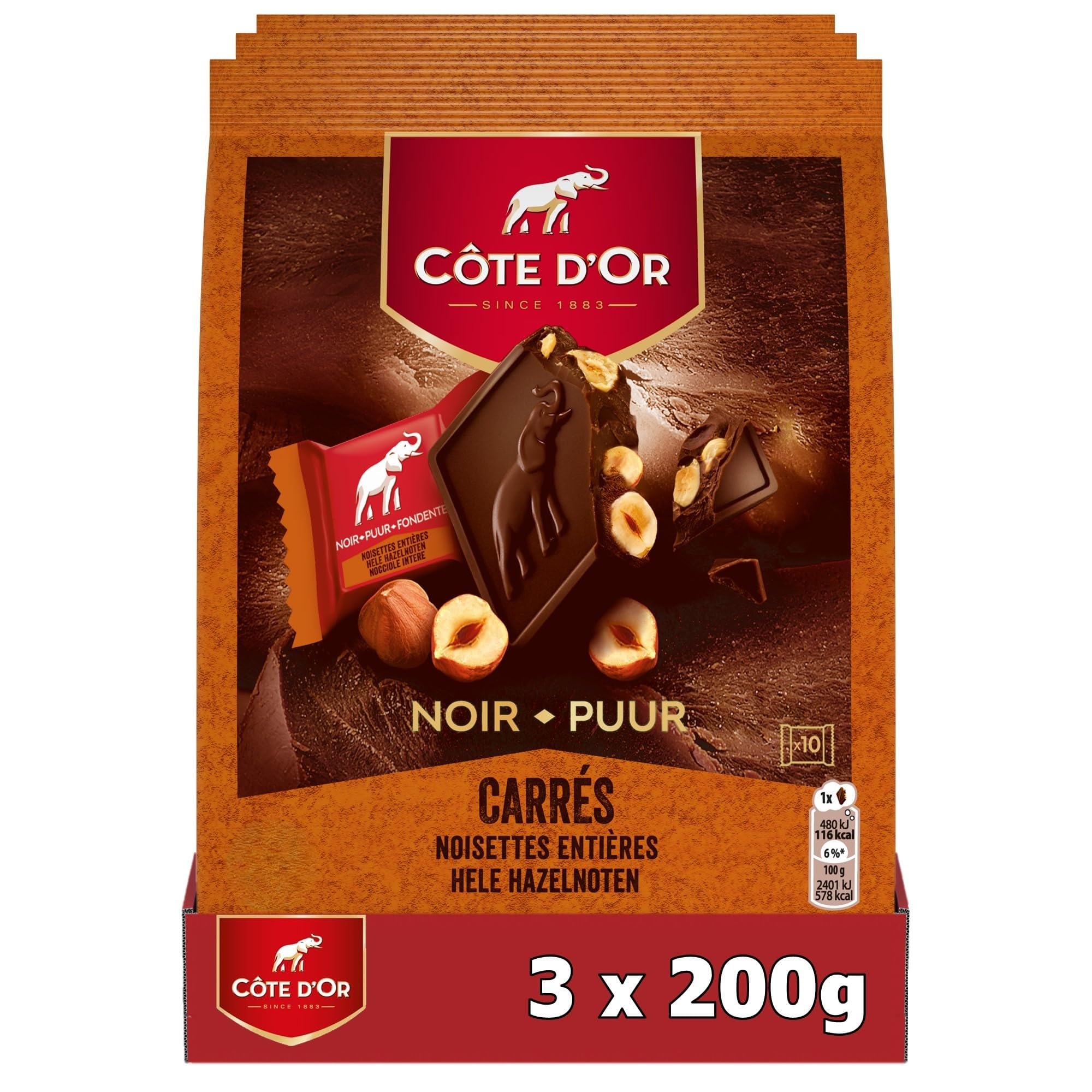 Côte d'Or - Carrés Chocolat Noir et Noisettes Entières - 3x200g