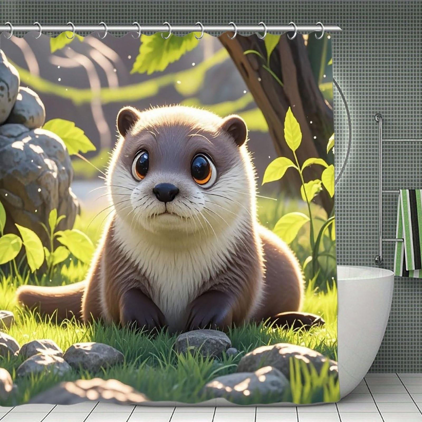 FekiLoot Cartoon Cute Otter Shower Curtain with Hooks Modern Farmhouse Bathroom Curtain Waterproof Cloth Bath Curtains Cute Washable Blackout Privacy Curtains for Bathroom Bathtub 70.8"x70.8"