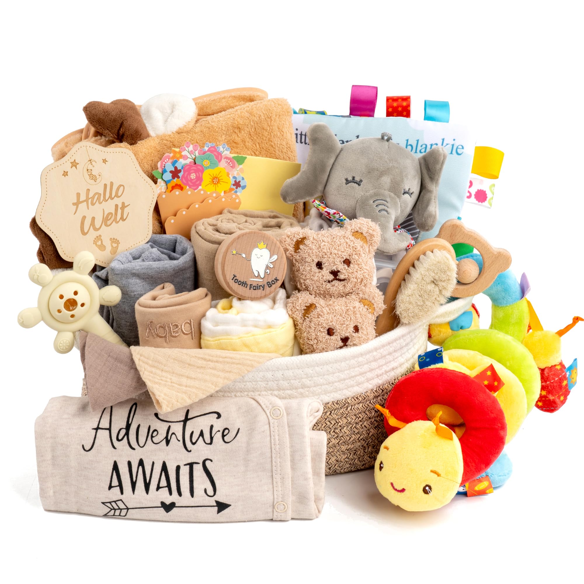 Neugeborenen Geschenk 24-teiliges，Baby zubehör, Strampler, Schnuffeltuch, Rassel & Karte，Geschenk zur Geburt für Babys (Khaki)