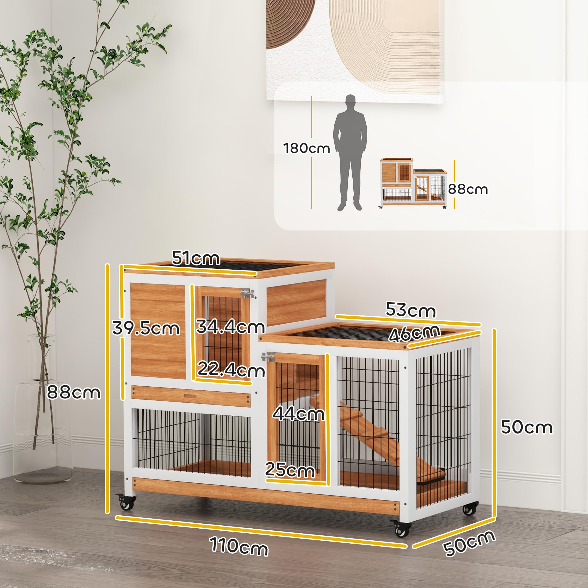 PawHut Conigliera da Interno in Legno di Abete con Ruote, Vassoi Estraibili e Casetta per Conigli con Rampa, 110x50x88 cm, Giallo e Bianco