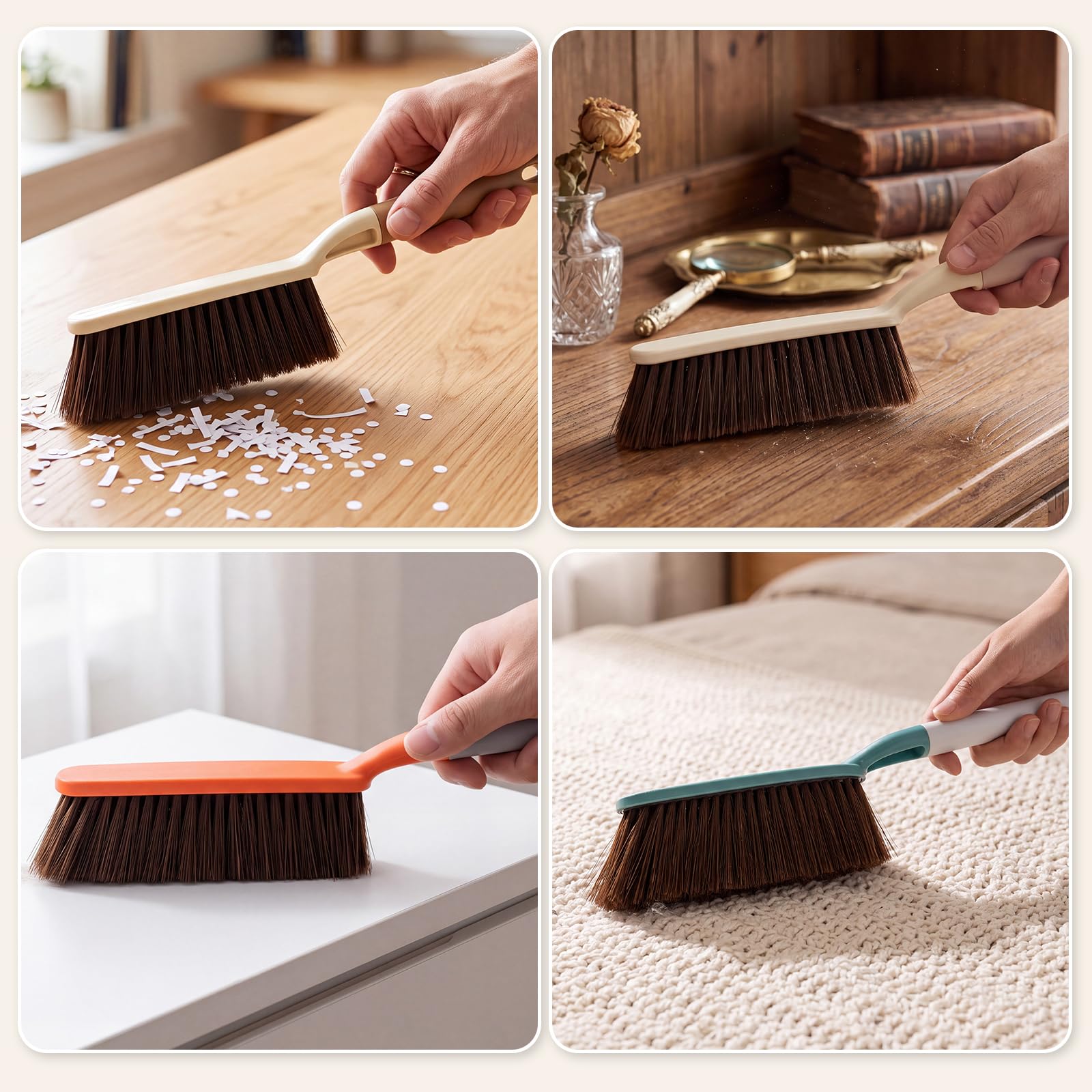 6 escobas de mano de plástico de 38,5 cm, herramienta de limpieza de cerdas suaves para cama, sofá, escritorio, ropa, muebles, encimera, hogar