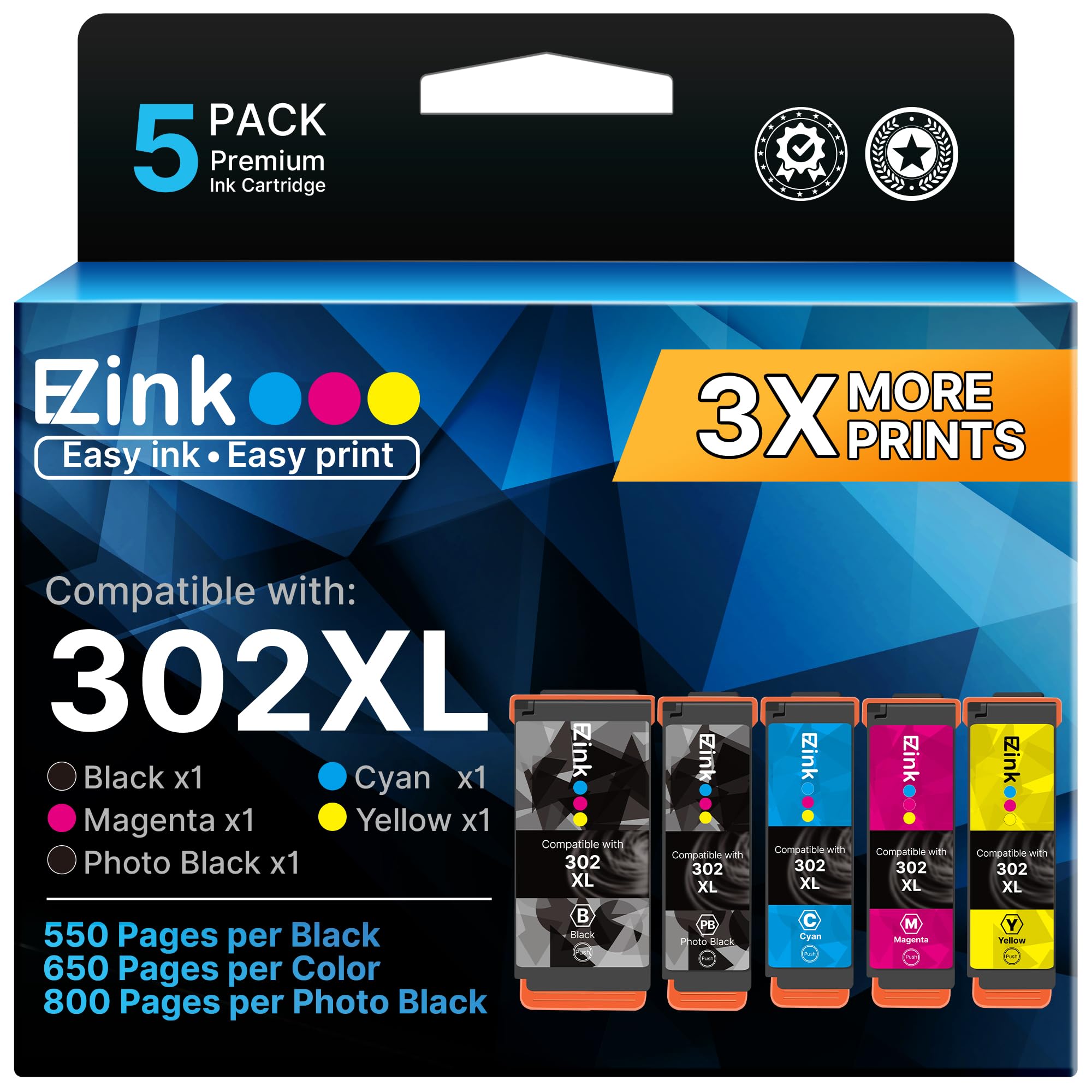 E-Z Ink 302XL 302 Ink Cartridges Multipack Remanufactured Replacement for Epson 302 XL 302 T302XL T302 to use with Expression Premium XP-6000 XP-6100 XP6000 XP6100 Printer (BK/PGBK/C/M/Y, 5 Pack)
