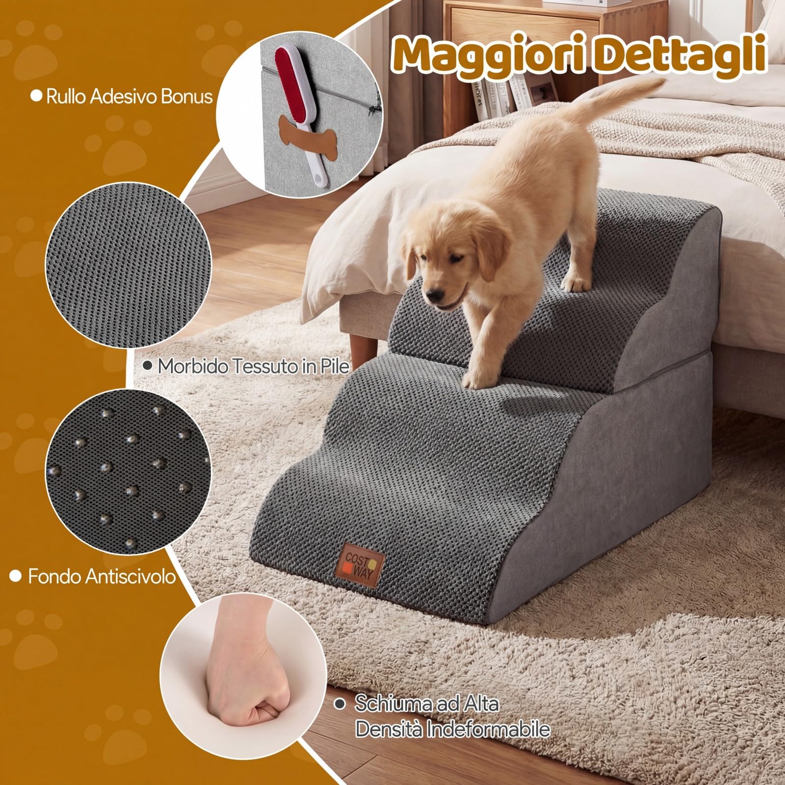 COSTWAY Scaletta per Cani a 4 Gradini Altezza 50 cm, Scala Cane in Spugna per Salire Letti Alti, Divani e Poltrone con Fondo Antiscivolo, Copertura Lavabile, Scala per Cani e Gatti (73 x 40,5 x 50 cm)