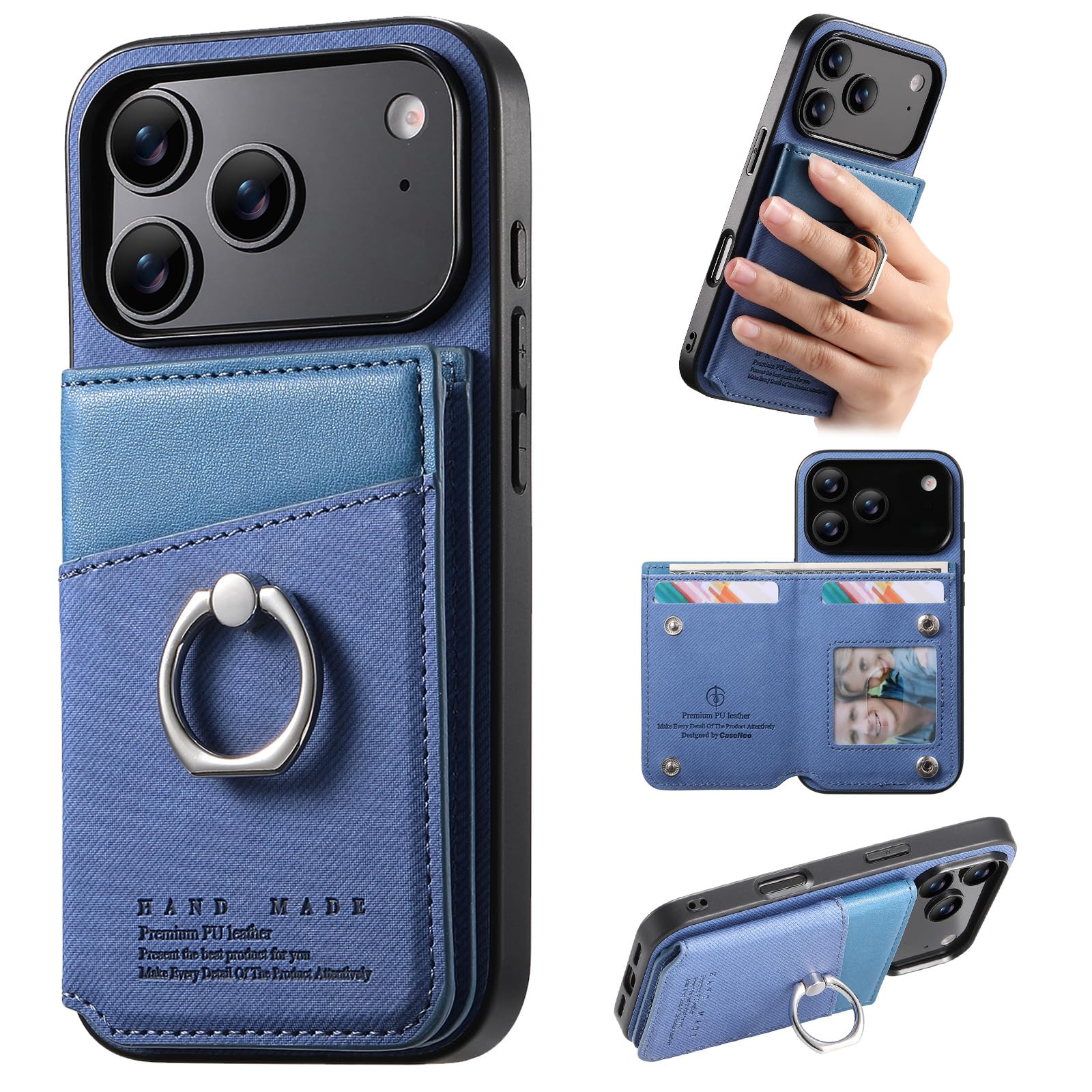 ONETHEFUL 対応iphone 17 pro max ケース 手帳型 背面 カード収納 iphone17プロマックス ケース スタンド機能 リング付き いphone17promax カバー 財布型 For iphone17プロマック スカバー カメラ保護 PUレザー RFIDブロッキング 360°回転 TPU全面保護ブルー