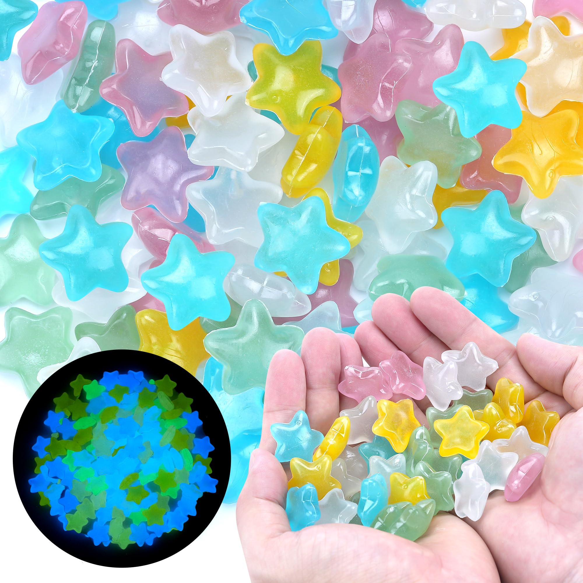 Oun Nana Glow in The Dark Rocks, 100 PCS Star Shaped Glow Pebbles for Patio, Aquarium, Backyard, Fish Tank, Fairy Garden, Micro Landscape, Landscaping, Planter Decoration (Multicolor)
