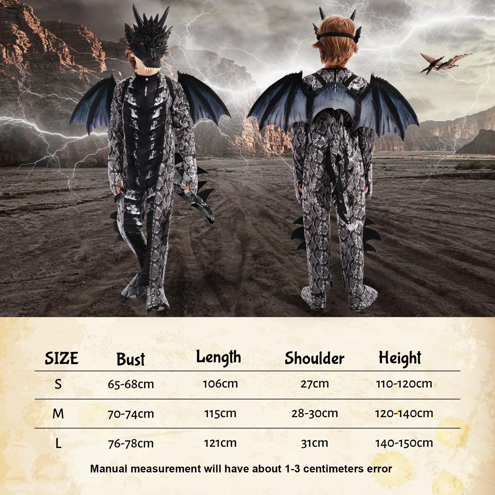 Ulikey Costume da Drago Bambino, Costume Carnevale Ragazzi, con Ali di Drago, Maschera da Drago, Dinosauri per Bambini Blu Rosso, Drago Tute per Bambini Carnevale Halloween Feste Cosplay