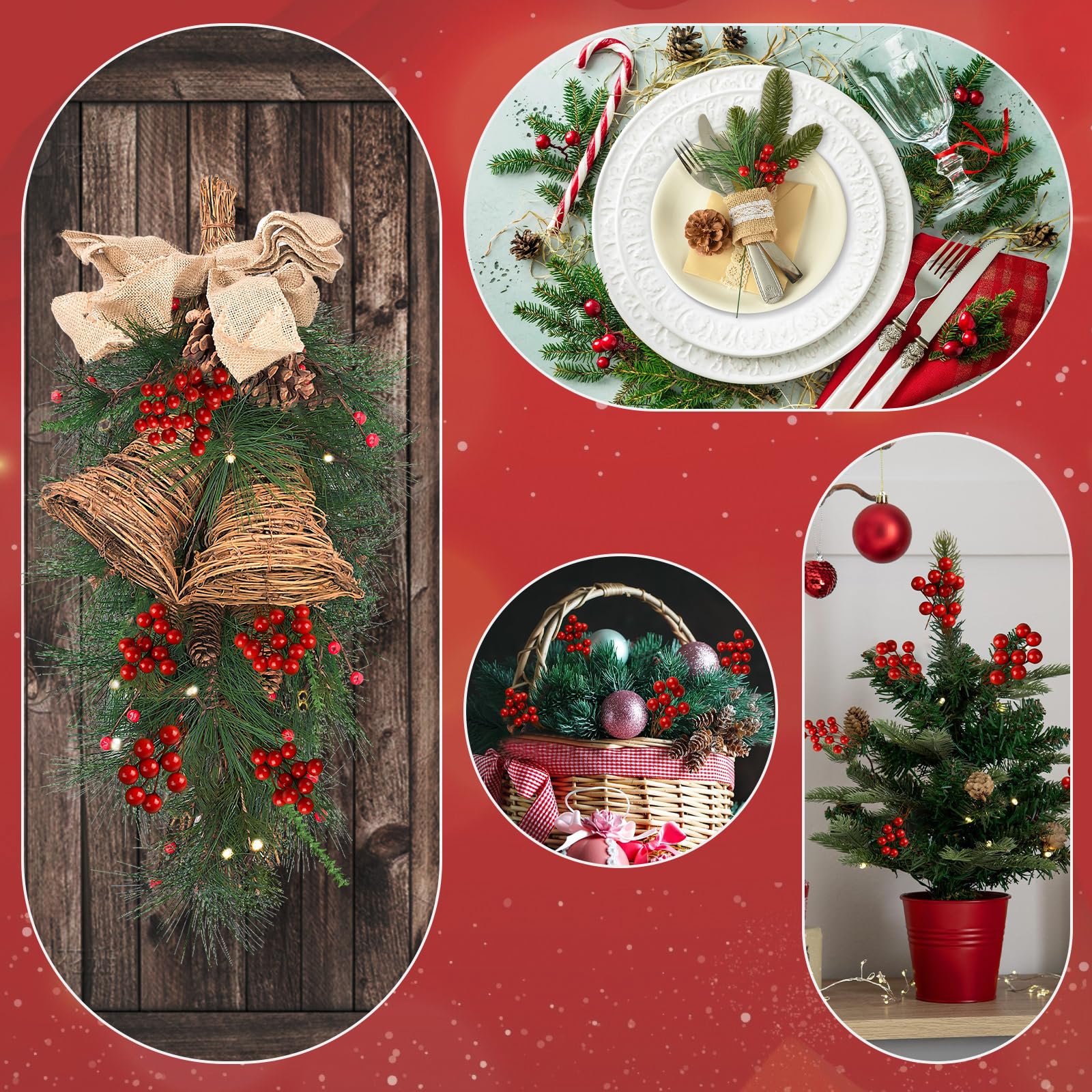 PLULON 200 Piezas de Bayas de Acebo Rojas de Navidad Guirnaldas de Bayas Artificiales Suministros para Hacer Manualidades Guirnaldas navideñas Decoraciones para árboles de Mesa (200)