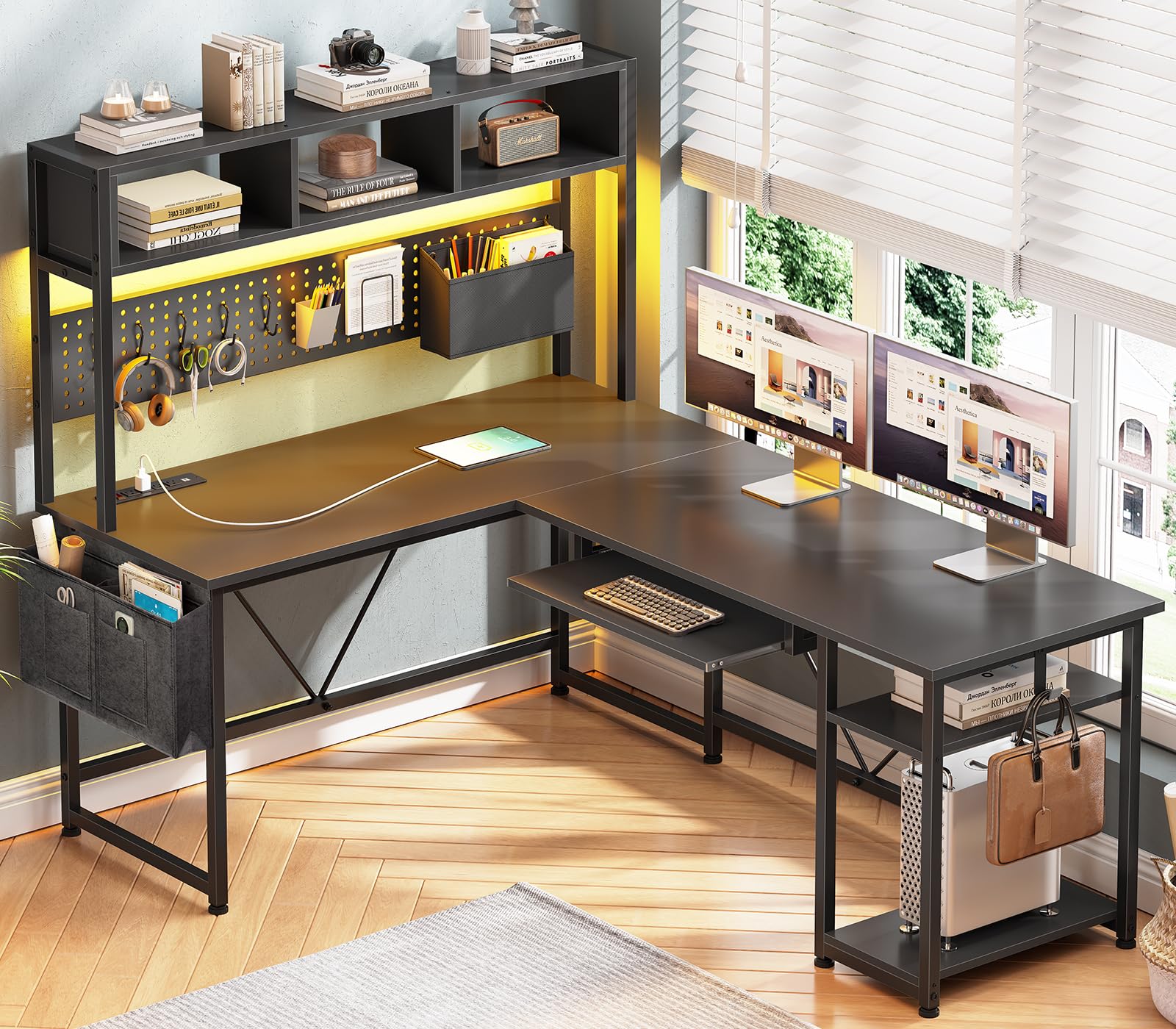 SEDETA L Shaped Gaming Desk with Hutch, 57.5” Reversible Home Office Desk with Power Outlet and Pegboard, Gaming Computer Desk with Keyboard Tray and LED Lights and Storage, Grey