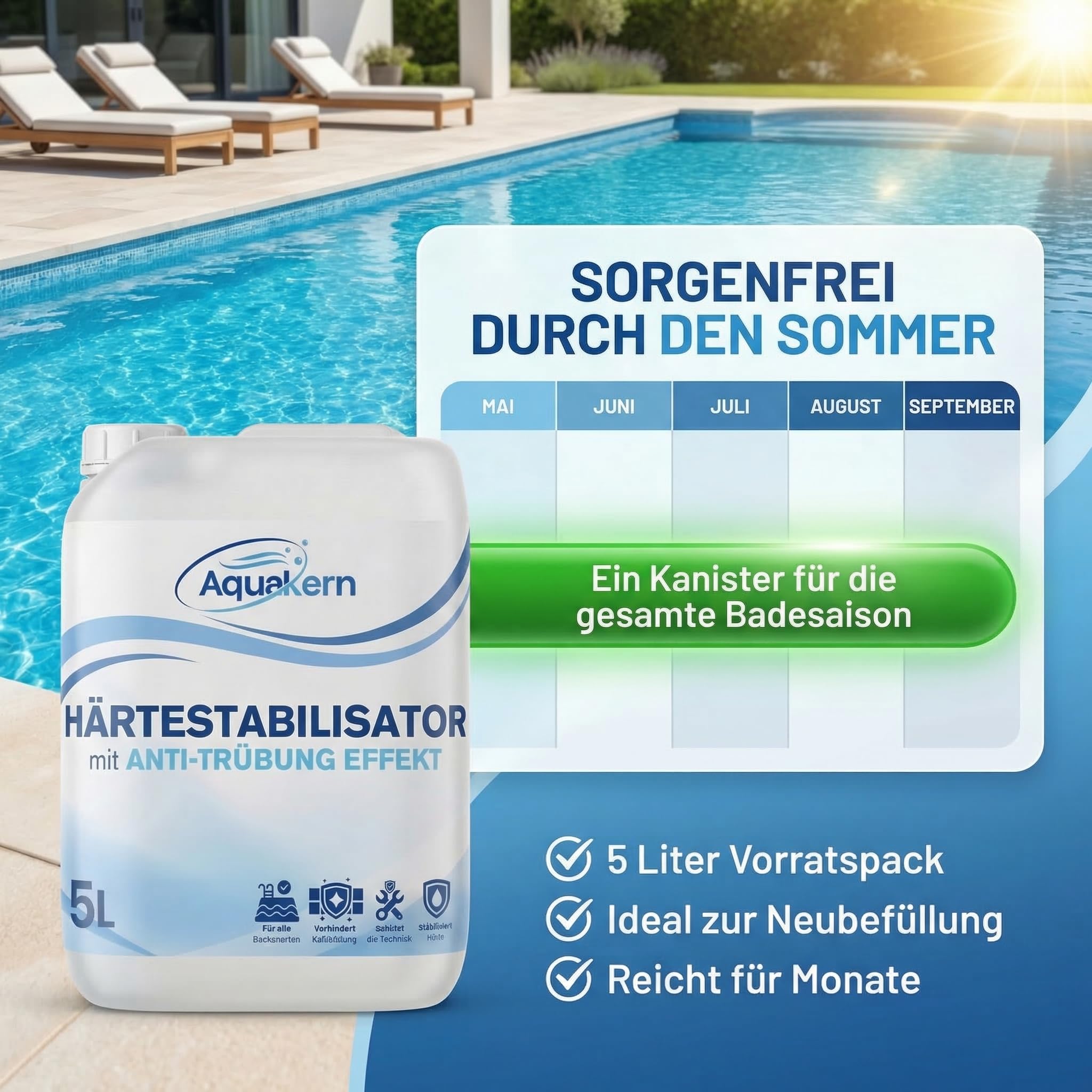 Härtestabilisator 5L & Algenvernichter Power 5L [entfernt Kalkablagerungen & Algen im Pool] mit Aqua KLAR KOMPLEX | Schützt die Pooltechnik | bindet Calcium & Metallionen | Made in Germany