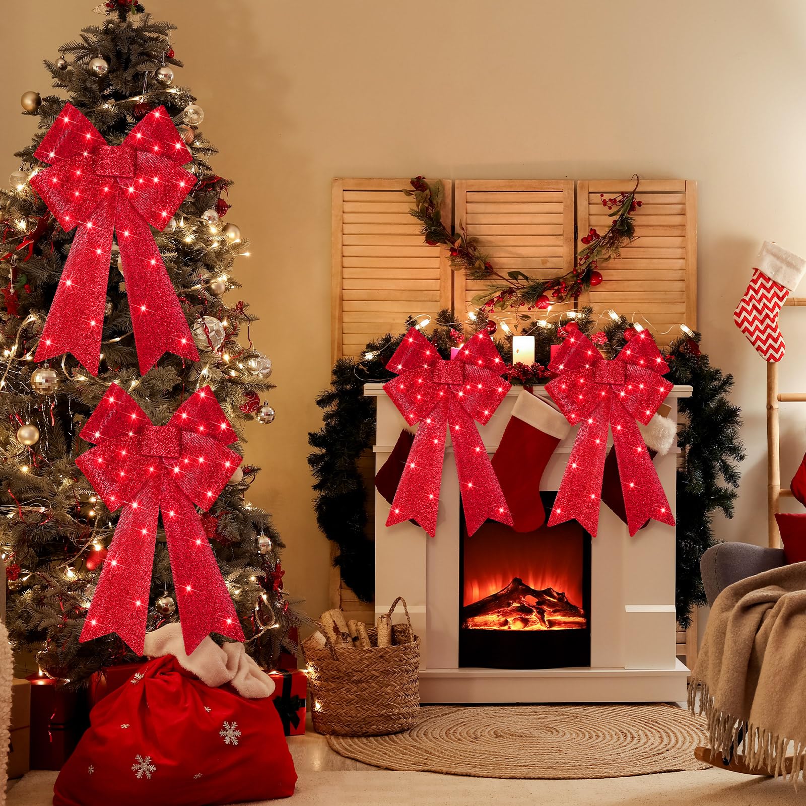 4 Pieces Christmas LED Wreath Bow Pre Lit Red Christmas Bow Decoration Lighted Big Red Bow 24 x 12 Inch Red Bows for Wreaths Outdoor Lighted Christmas Tree Toppers for Indoor Holiday Decor Xmas