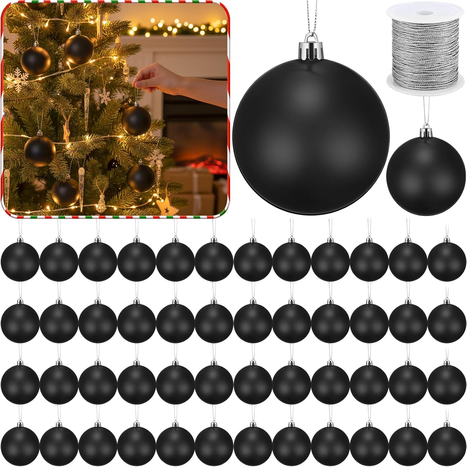 Wettarn 50 Pcs 3.15 Inch Christmas Ball Ornaments with Lid Rope Blank Plastic Hanging Christmas Fillable Balls Ornament for DIY Crafts Holiday Xmas Tree Party Decoration Painting(Black)