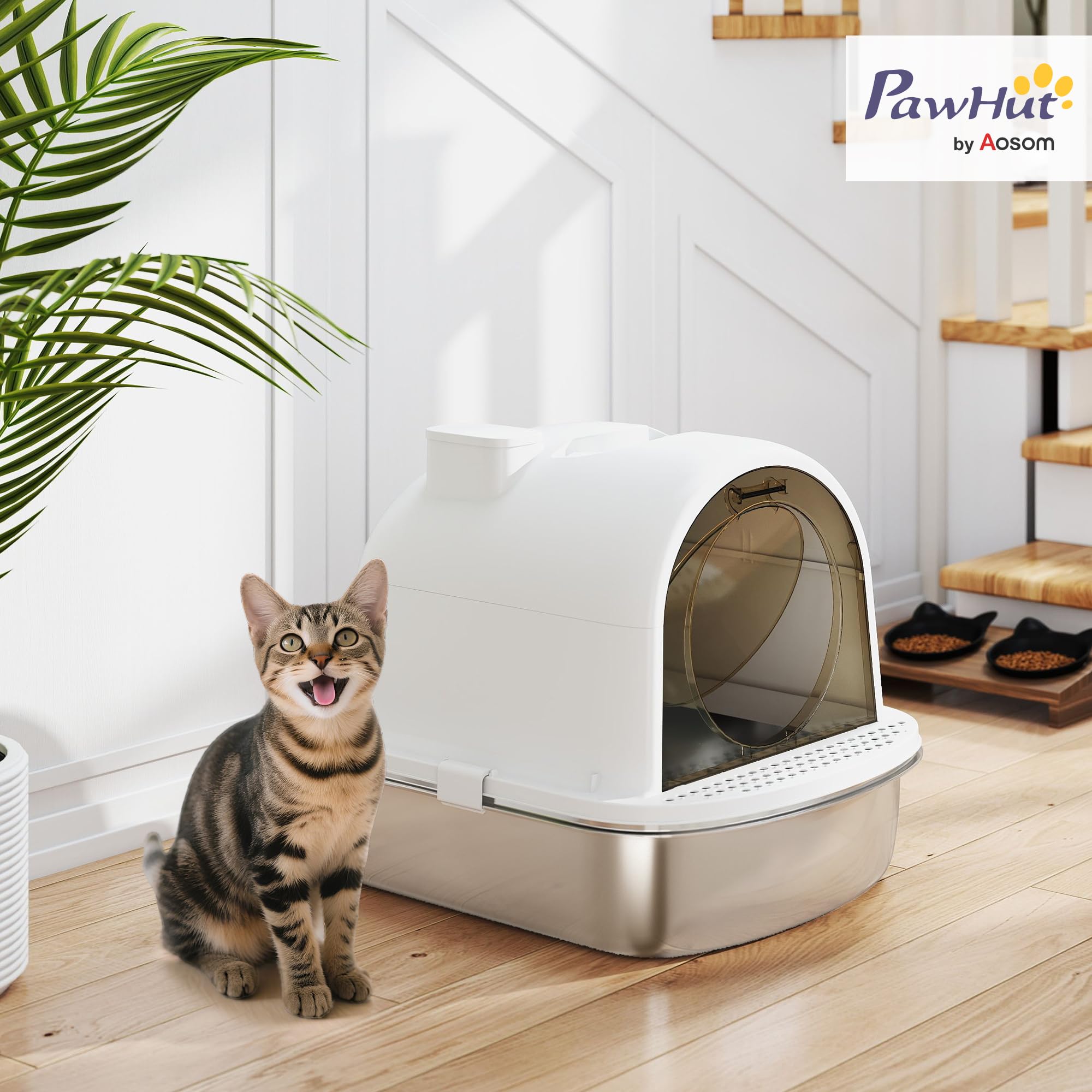 PawHut Maison de Toilette pour Chat, bac à litière fermé, bac en Acier Inoxydable, Anti-fuites, Nettoyage Facile, Sac désodorisant Inclus, Charge 5 kg, 52,4 x 41,3 x 39,9 cm, Blanc