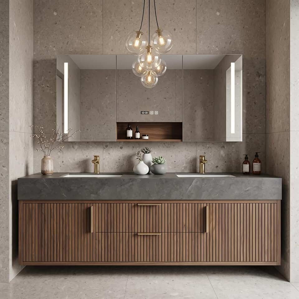 Modern Bathroom Vanity with Double Sink Slat Front Brown(100in)