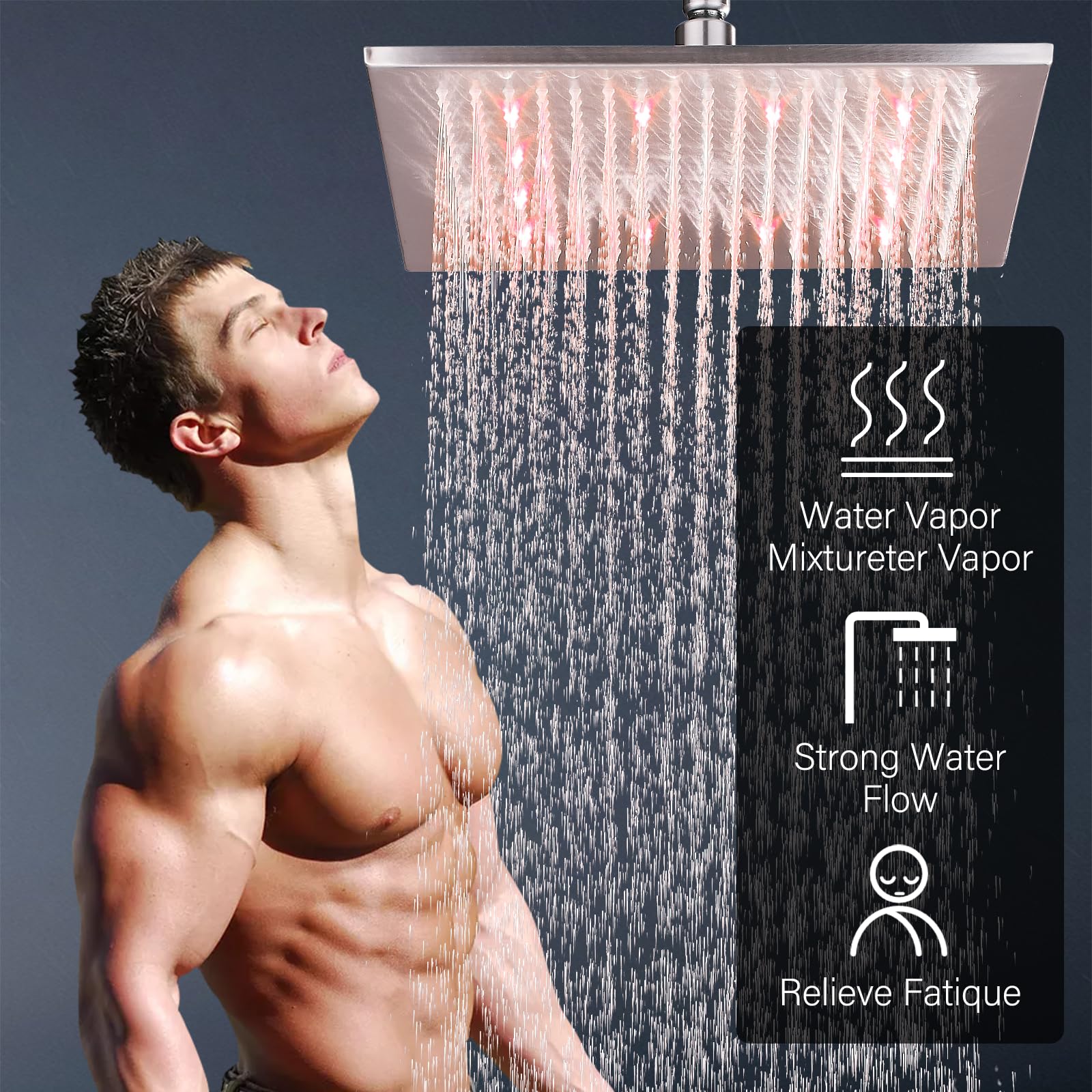 NeierThodore Cabezal de ducha cuadrado LED de 12 pulgadas, cabezal de ducha de níquel cepillado con parte superior rociador montado en la pared/techo