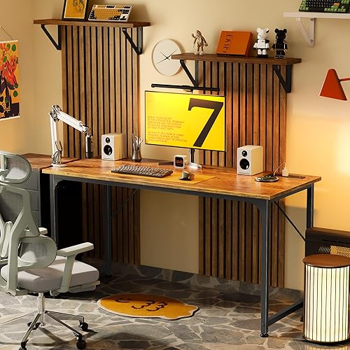 Miniatura 9 de PRAISUN - Escritorio para computadora de oficina de 54 x 20 pulgadas con tomas de corriente y puerto USB-C, escritorio para juegos más grande y