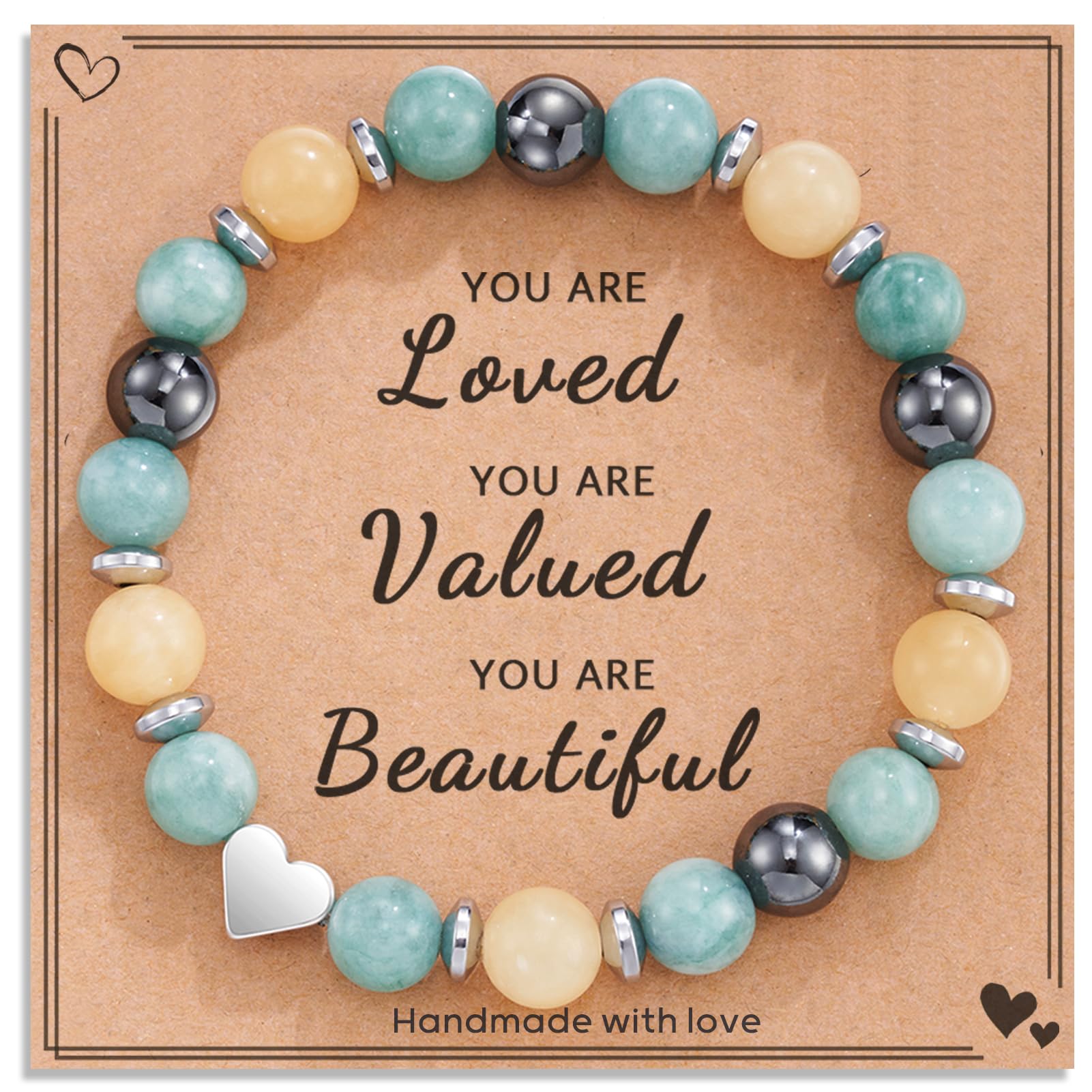 HGDEERMothers Day Graduatino Gifts for Girls Women | Natural Stone Heart Bracelet - Meaningful Inspirational Gifts with Message Card for Sister Friend Daughter Mom Girl Women