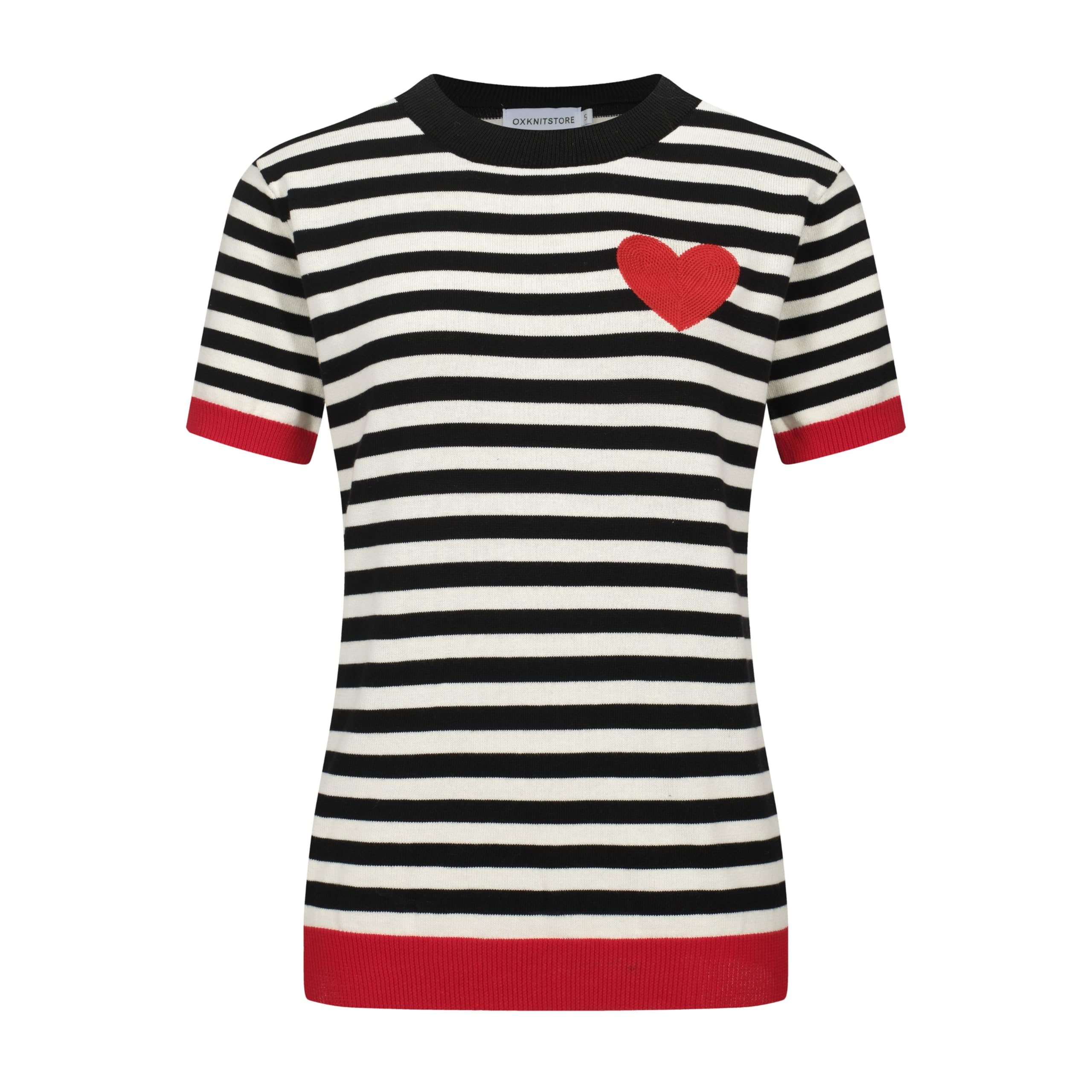 OXKnit Retro Streifen T-Shirts Damen 1960er Jahre Klassisches rotes Liebesherz Stricken Kurze Ärmel lässig Top