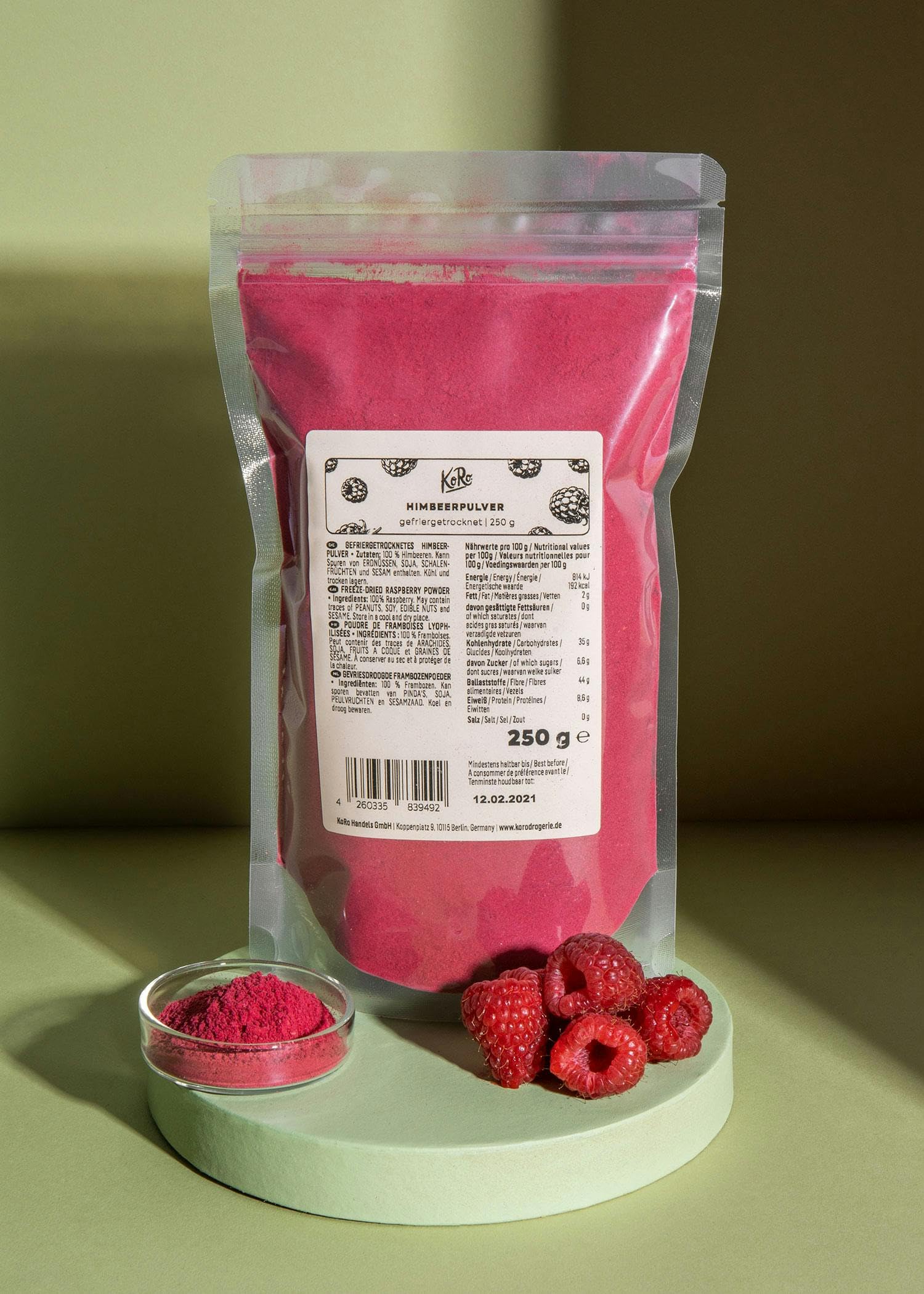 KoRo - Lamponi liofilizzati in polvere 250 g - 100% frutta liofilizzata - per colorare naturalmente frullati, jogurt e porridge