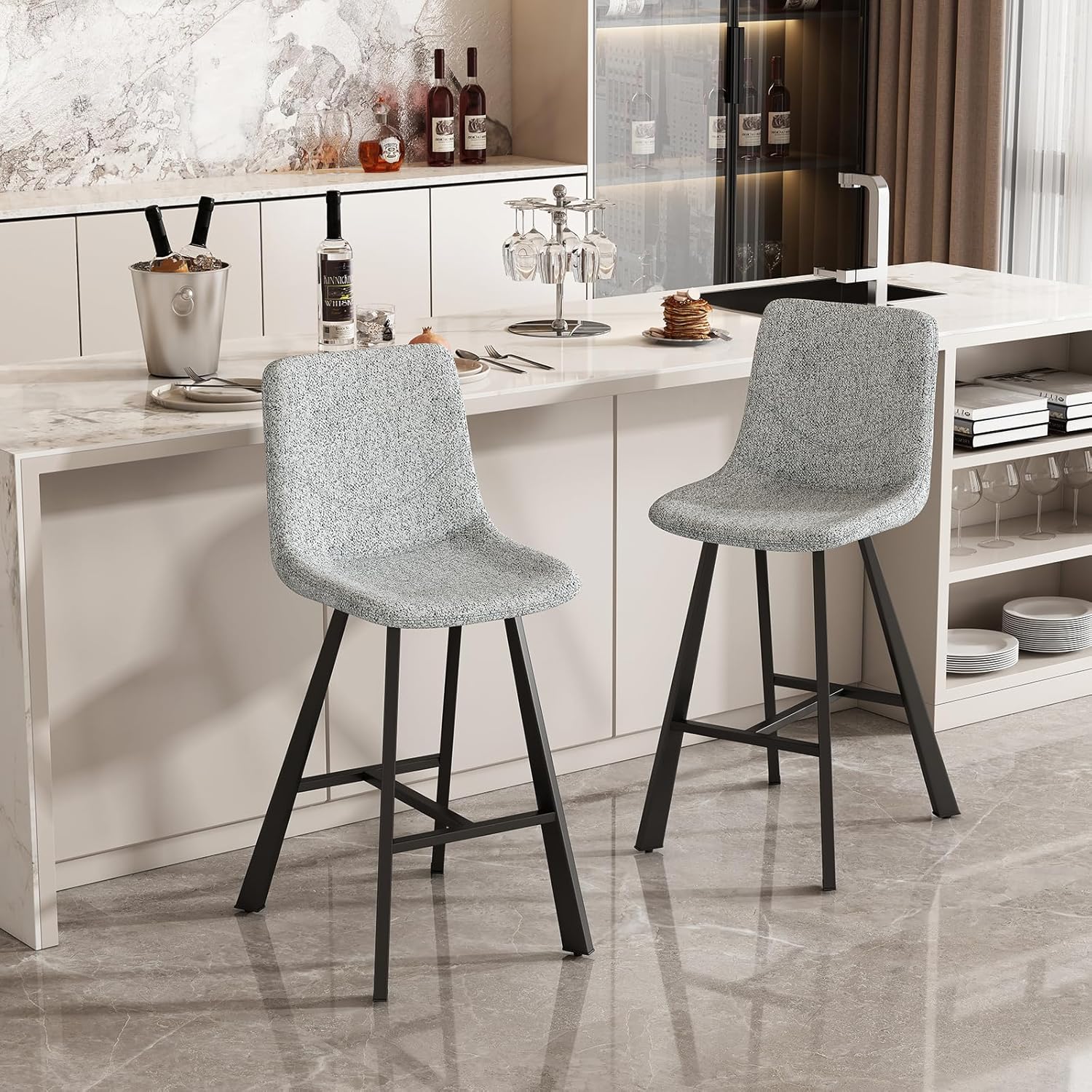 Bar Stools Set of 2, 26" Counter Height Bar Stools with Back, Upholstered Kitchen Island Bar Chairs with Ergonomic Backrest and Metal Legs for Kitchen Island, Home Bar, Dining Room, Grey