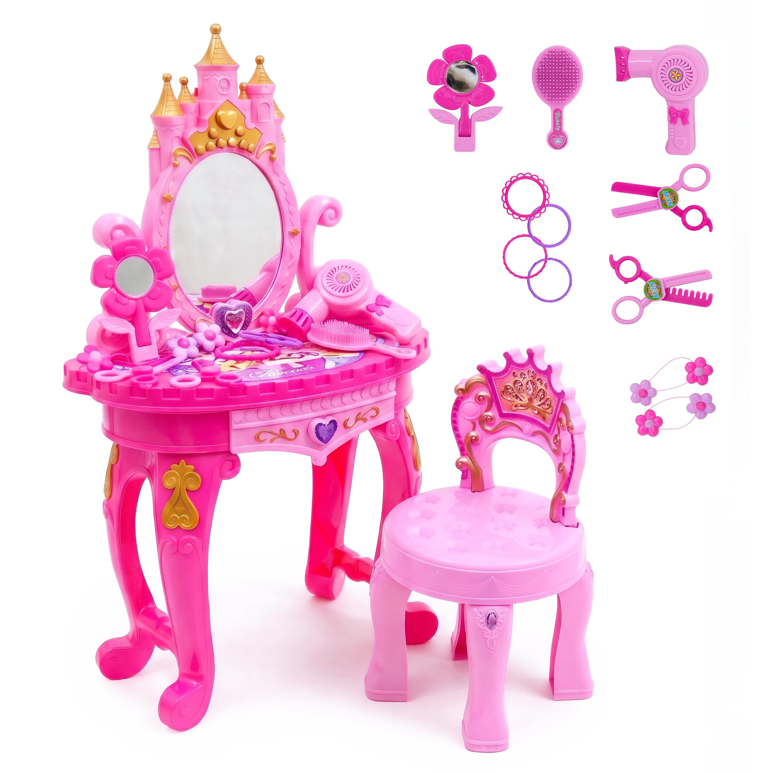 The Magic Toy Shop Princess Vanity Dressing Table & Stool Set - Pink Castle Kids Dressing Table with Mirror - Children's Make Up Station Toy with Hairdryer & Accessories for Girls Age 3+