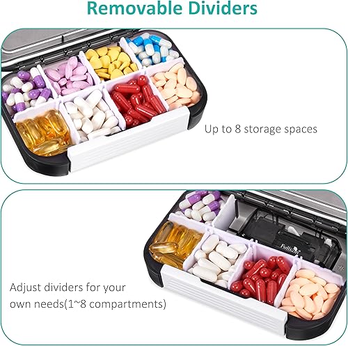 Miniatura 3 de Fullicon Pastillero a prueba de humedad, pastillero diario grande de 8 compartimentos con divisor extraíble, pastillero de viaje con etiqueta,