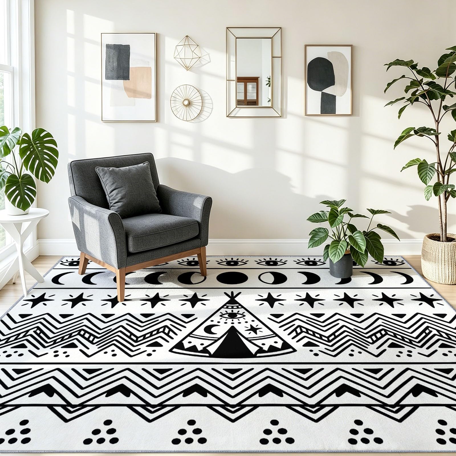 Dywan do salonu, boho, etniczny, geometryczny, księżyc, gwiazdy, linie, czarny, miękki, niskie runo, antypoślizgowy, dywan, przyjazny dla dzieci, do sypialni, jadalni, kuchni, 60 x 110 cm