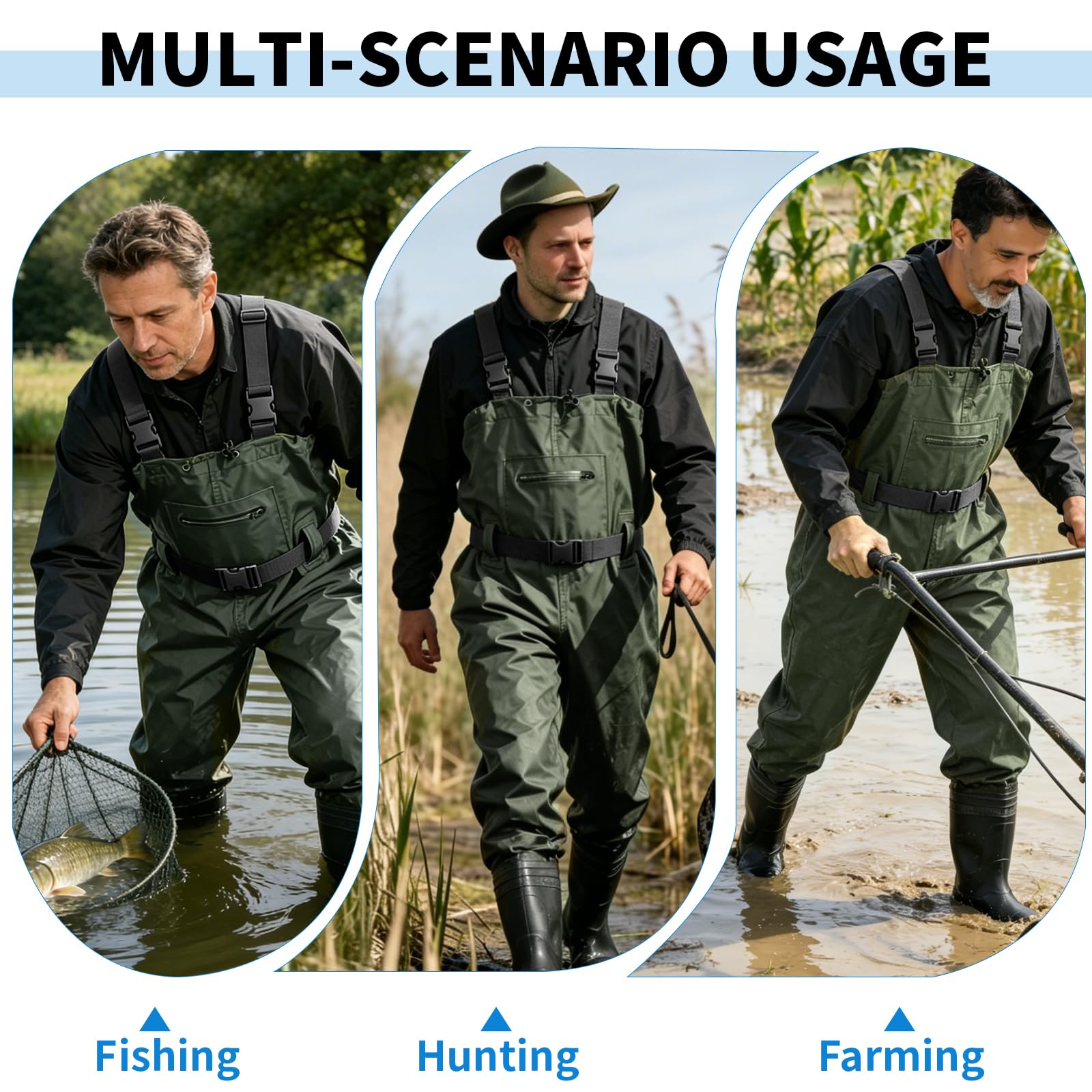 SWAWIS Wathose Herren Wasserdicht mit Stiefel Verstellbarer Riemen Anglerhose für Erwachsene mit Stiefel Atmungsaktive Wasserdicht Watthosen für Baustellen, Angeln, Bauernhöfe