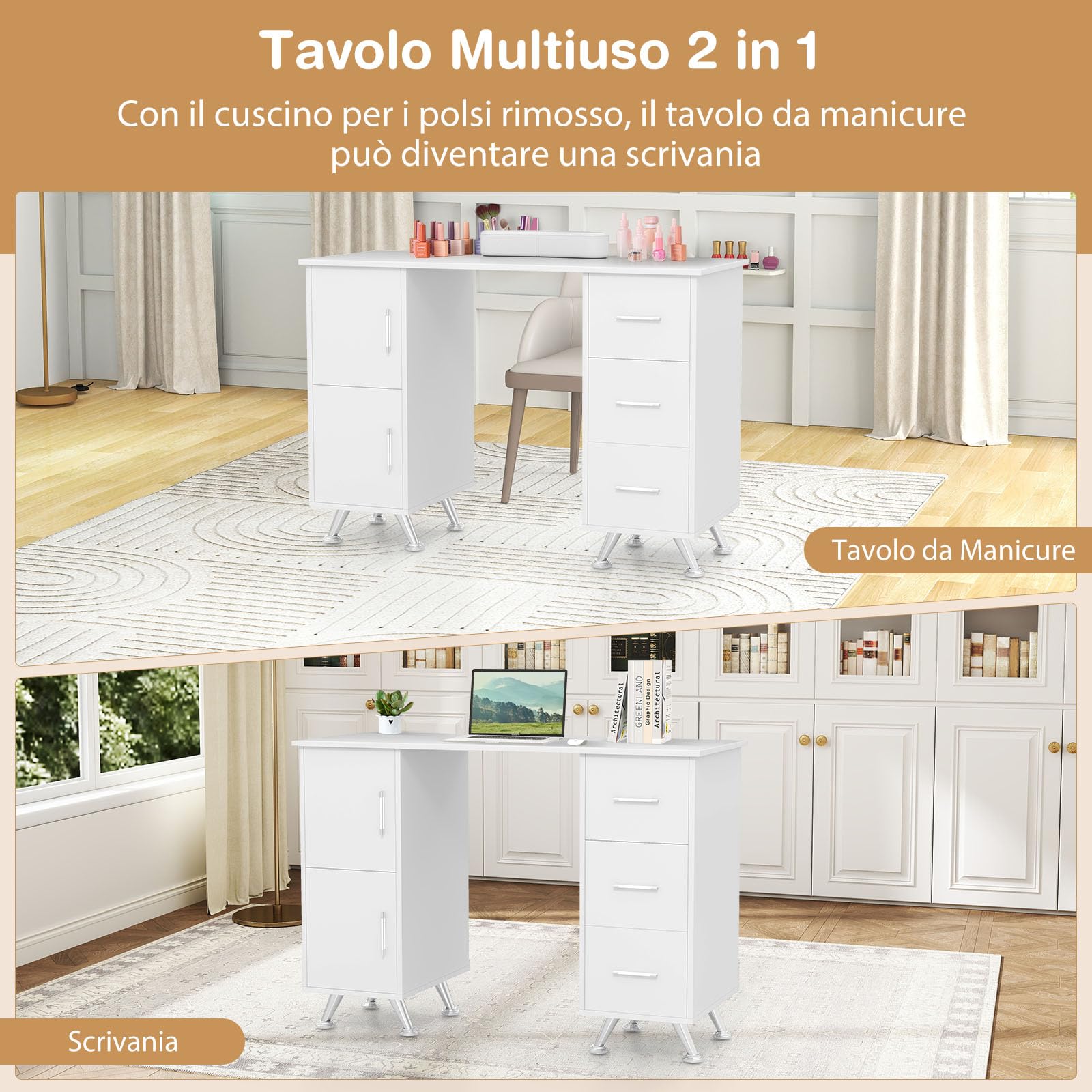 Tavolo da Manicure in Legno con Cassetti e Armadietti, Poggiapolsi Rimovibile, Gambe in Metallo, Bianco