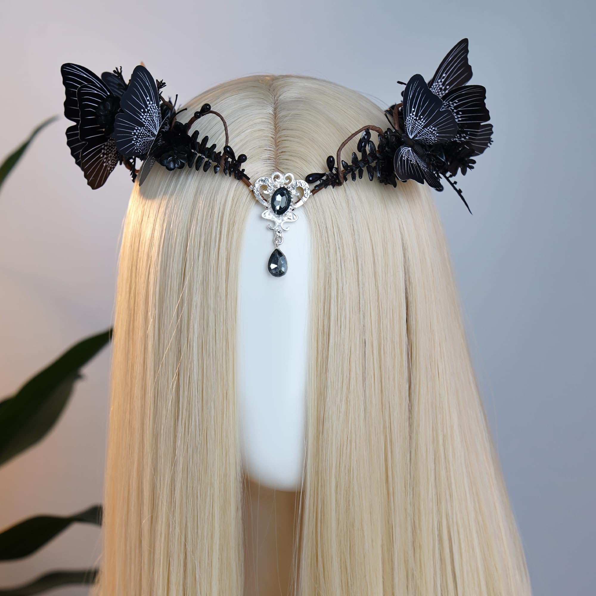 MOSTORY Gothic - Set di orecchie da elfo traforate per costumi di carnevale, da donna, con farfalla nera, accessori rinascimentali, strega, cosplay