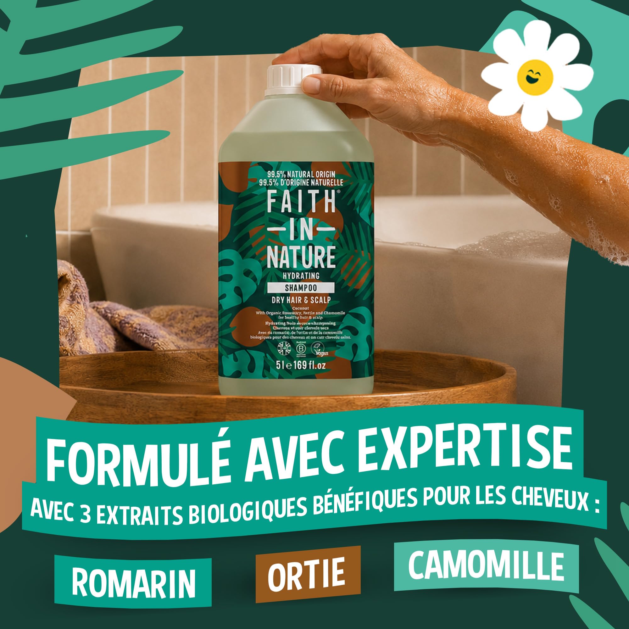 Faith In Nature Shampooing Bio à la Noix de Coco, Hydratant pour Cheveux et Cuir Chevelu Secs, Végan et Non Testé sur les Animaux, Sans SLS, Silicones ni Parabènes, Recharge 5 L