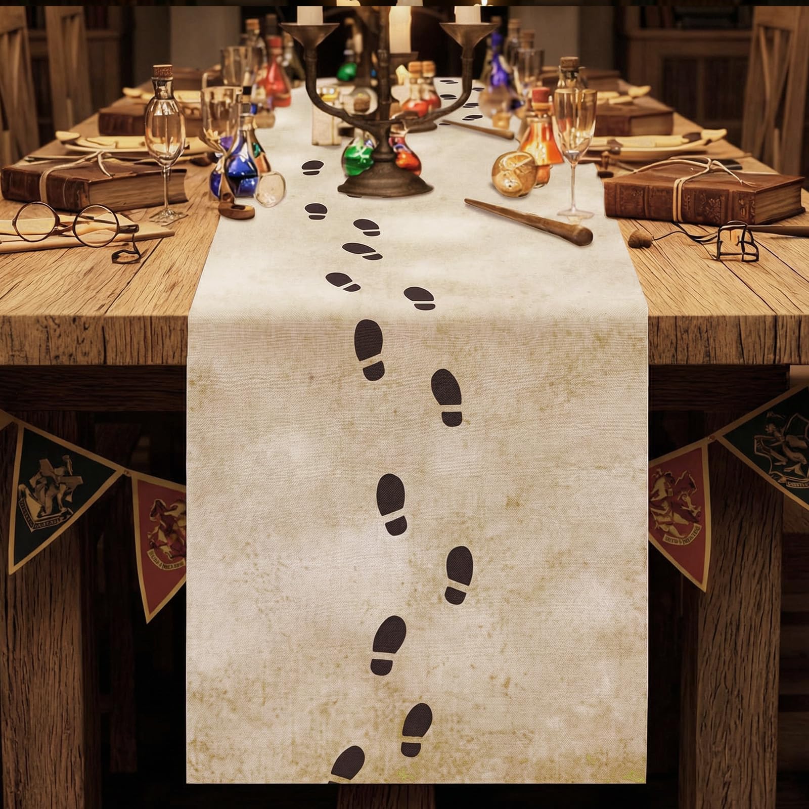 Photo 1 of Preboun 2 Pcs Footprint Magical Wizard Table Runner Wizard Party Decorations Linen Vintage Birthday Party Table Runner Decor for Home Dining Room Kitchen