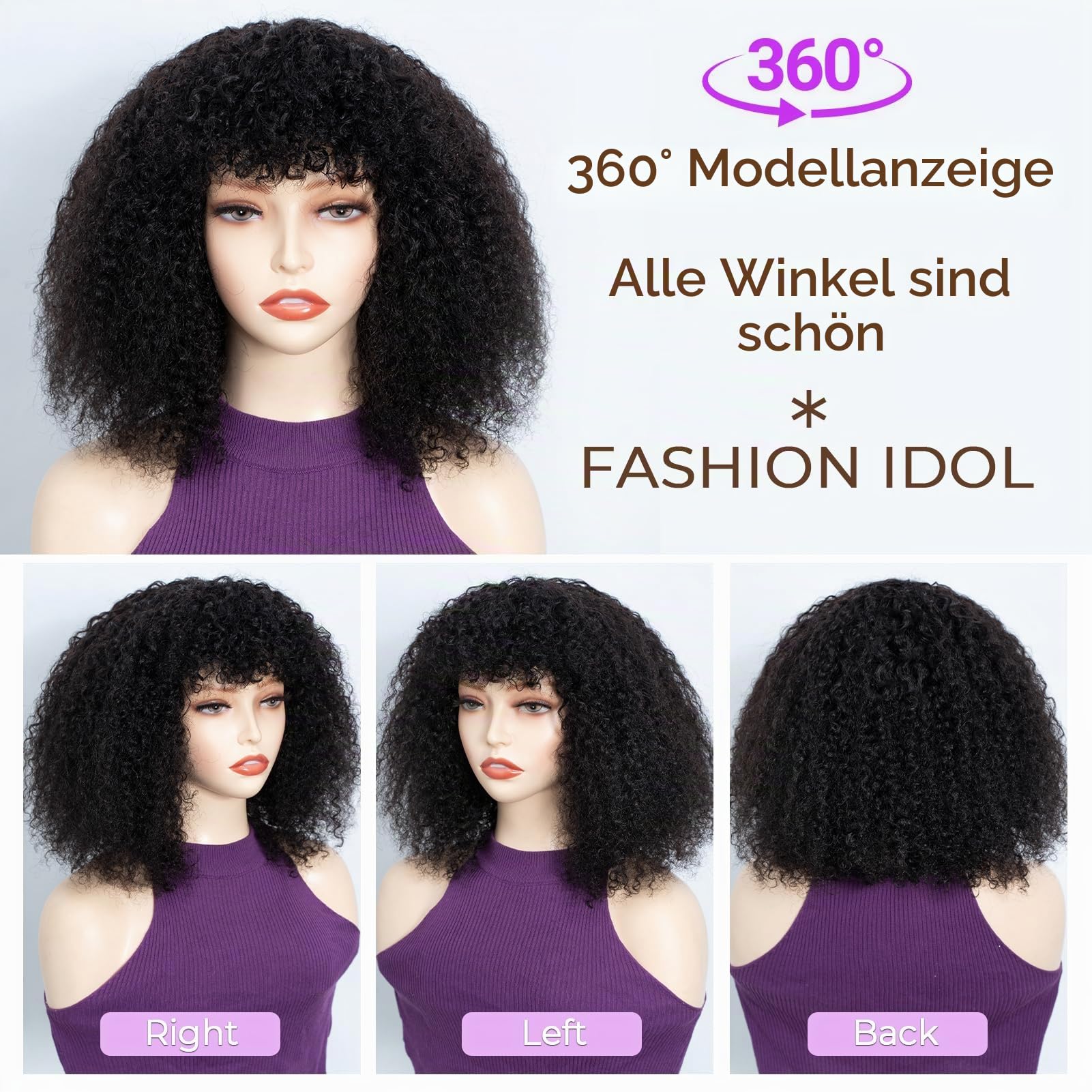 FASHION IDOL Kurzer lockiger Bob Echthaarperücken mit Pony Jerry Curl Brasilianisches Echthaar Keine Lace-Front-Perücken für Frauen Maschinell gewebt Braun 30CM