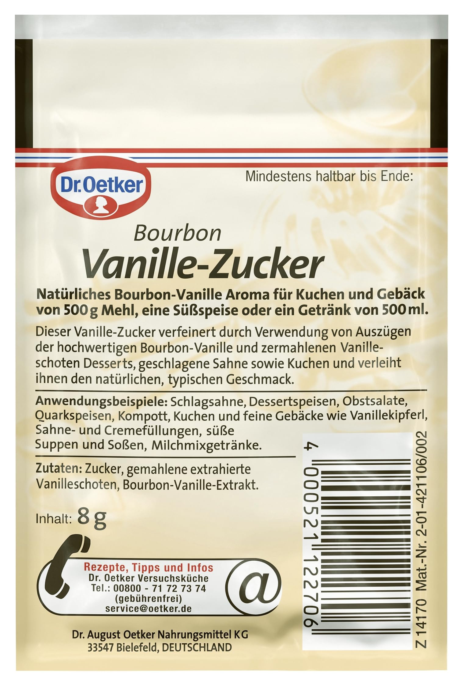 Dr. Oetker Bourbon Vanille Zucker, 18er Pack Vanille-Zucker verfeinert mit Extrakt aus edlen Bourbon-Vanilleschoten, Back-Aroma zum Aromatisieren von Kuchen, Desserts & Shakes, 18 x 24g