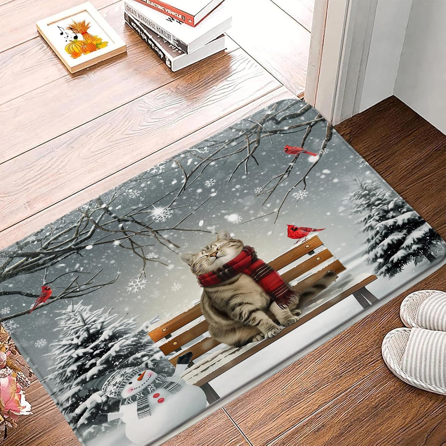 Christmas Cat Bath Mat Winter Forest Gray Pine Tree Snowflake Cute Animal Cat Kitten Nature Funny Holiday Bathroom Decor Rug Doormat Toilet Floor Rug,24x60 Inch
