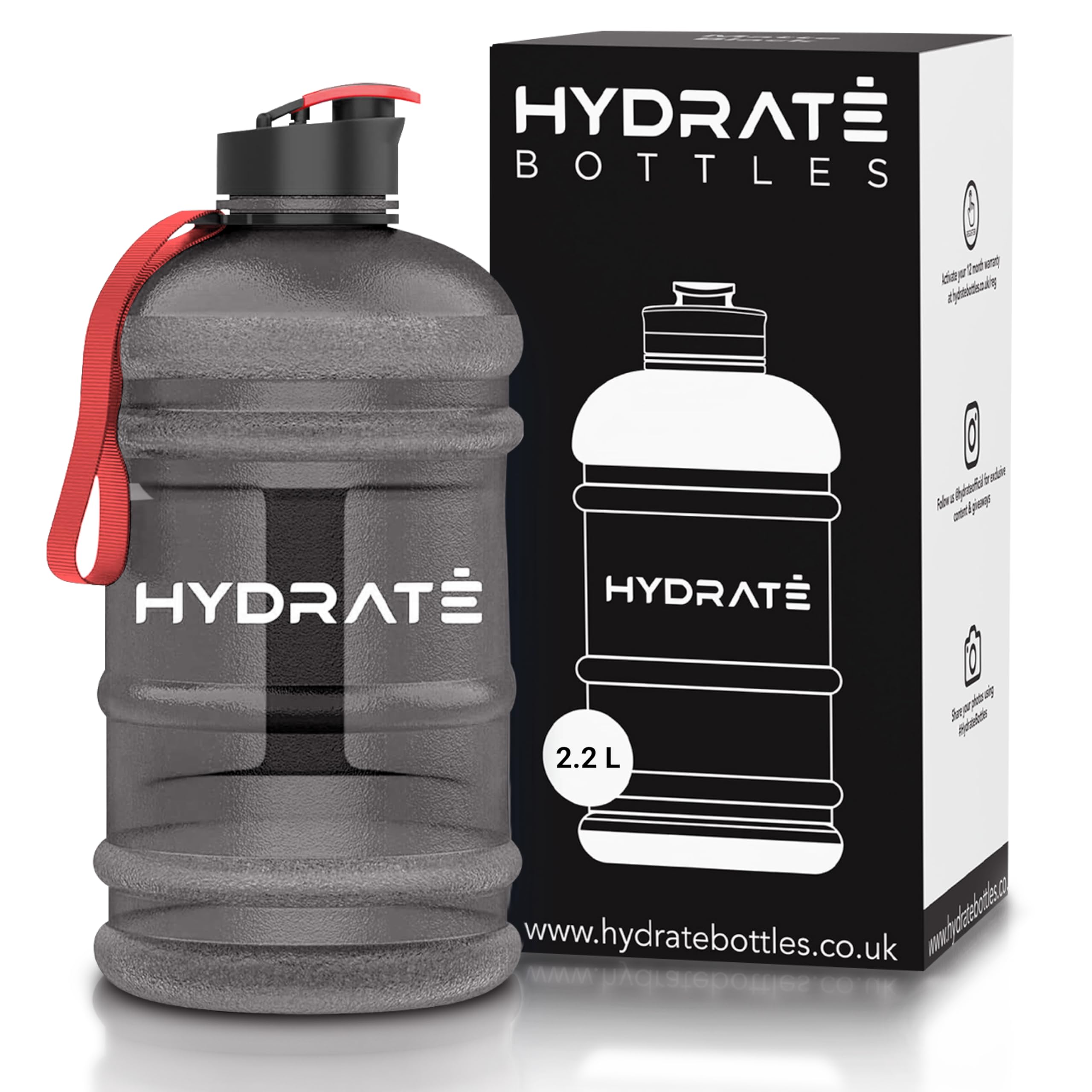 Hydrate XL Jug, Wasserflasche, BPA-frei, auslaufsicher, Klappverschluss, ideal für Fitnessstudio, Sport und unterwegs, transparenter Wasserbehälter, extra starkes Material, Schwarz, 2,2 l Sport & Freizeit