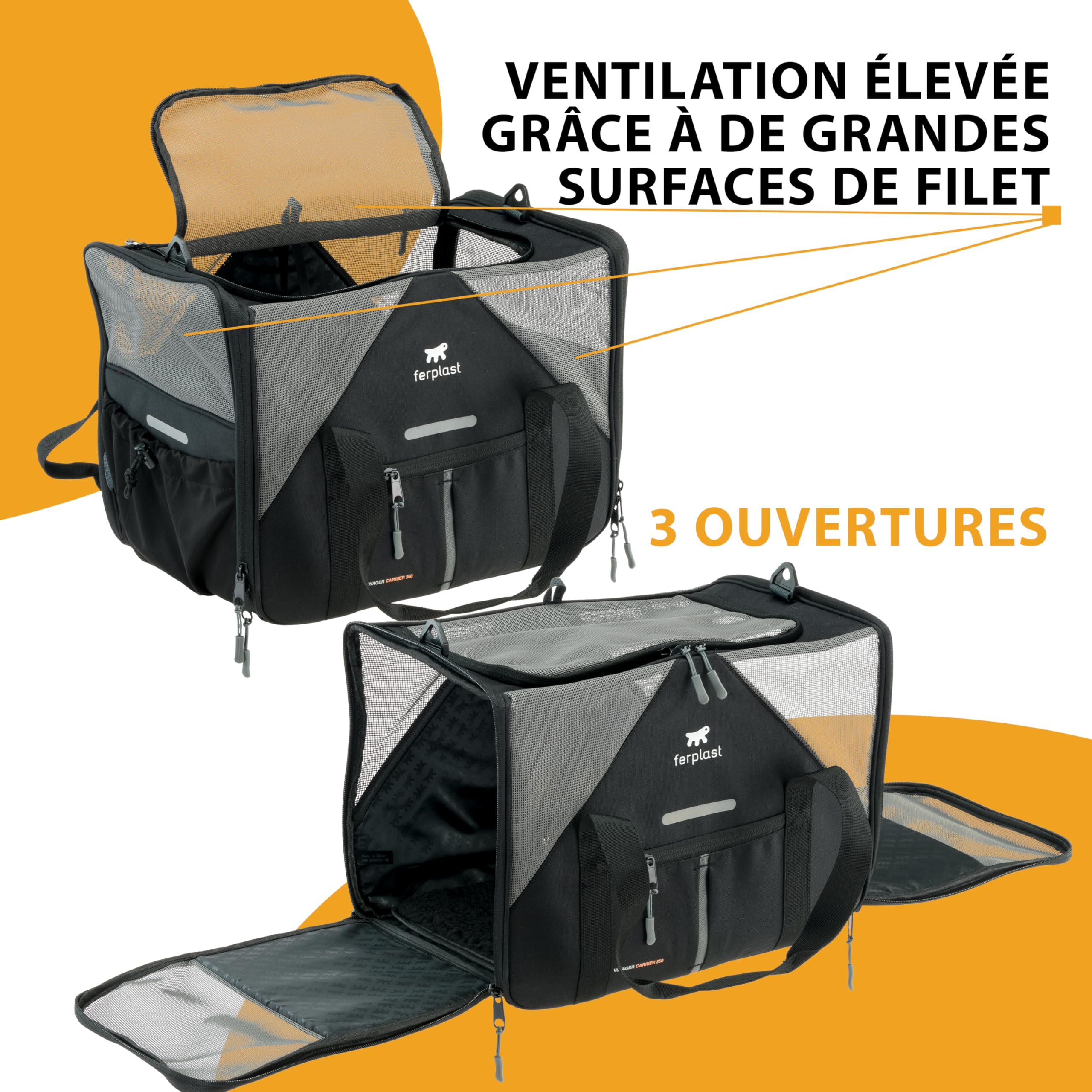 Ferplast Sac Transport Chien Voyager Carrier, Sac de Transport pour Chat, Poignées et bandoulière réglables, Sangle de sécurité, Double Ouverture latérale, avec Coussin, Max 15 Kg, 50x35x37h cm, Noir