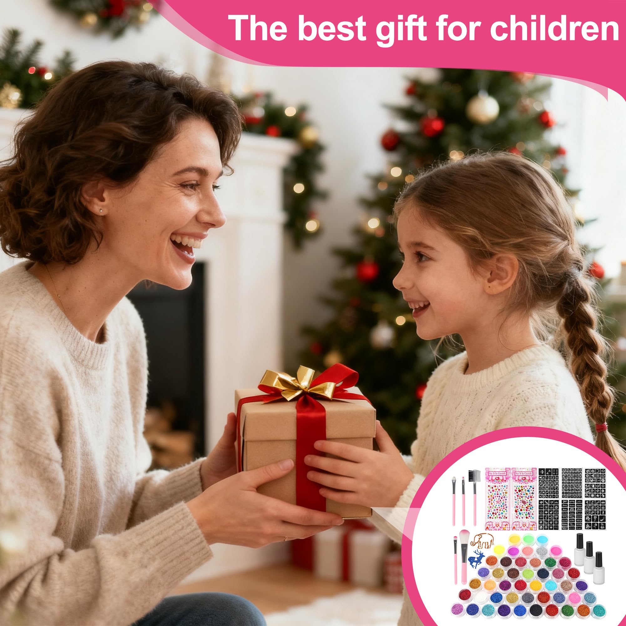 Kit Tatuaggi Glitterati, adatto a bambini e bambine dai 4 ai 12 anni, Kit per Tatuaggi flash temporanei con 48 colori, 192 modelli, 5 pennelli, 3 flaconi di colla, 2 fogli di adesivi glitterati