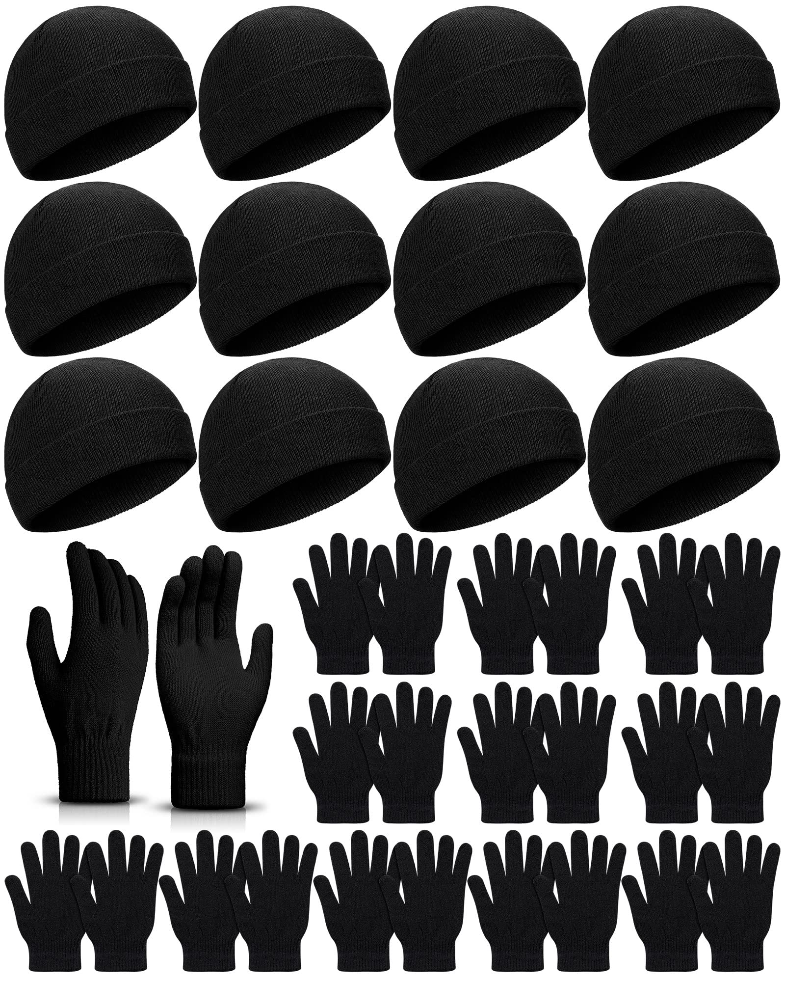 24 Pack Winter Beanies Gloves Cold Weather Unisex Hat Warm Knit Gloves Beanies in Bulk for Men Women, Warm Gift (Black)